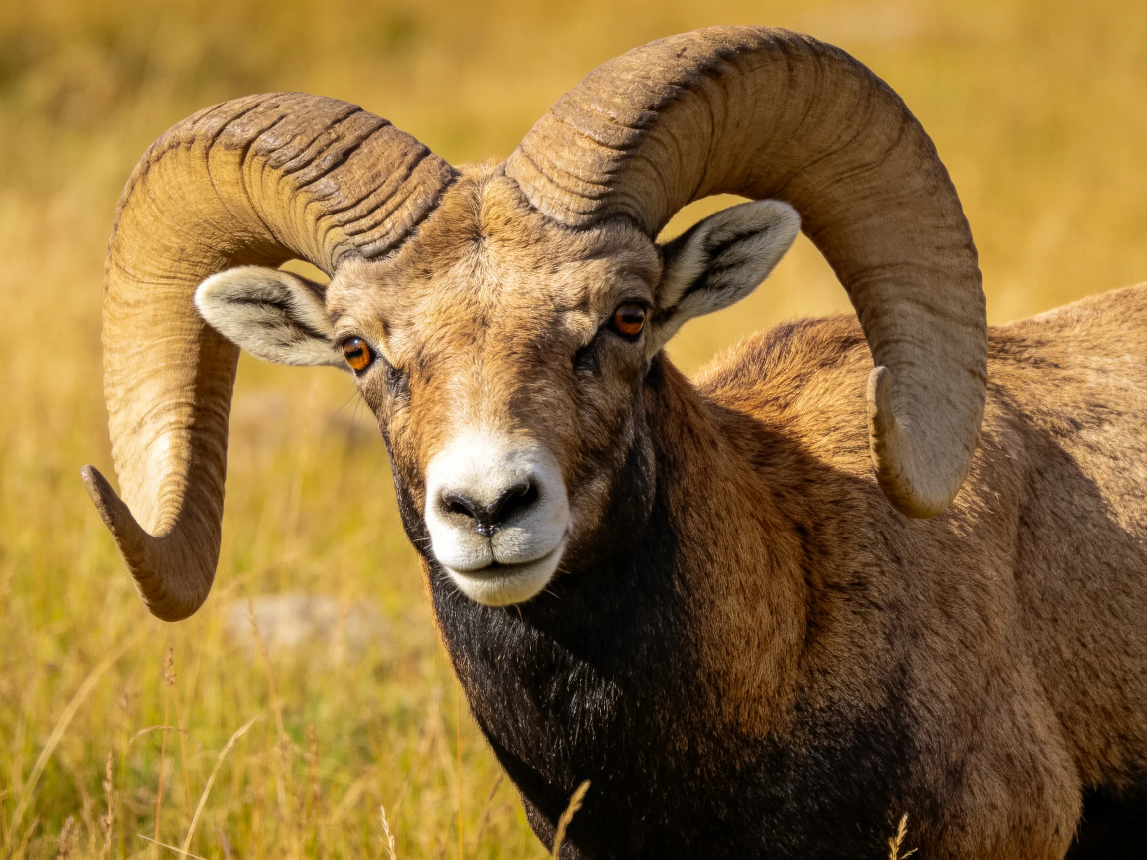 A ram with massive curved horns in golden grassland