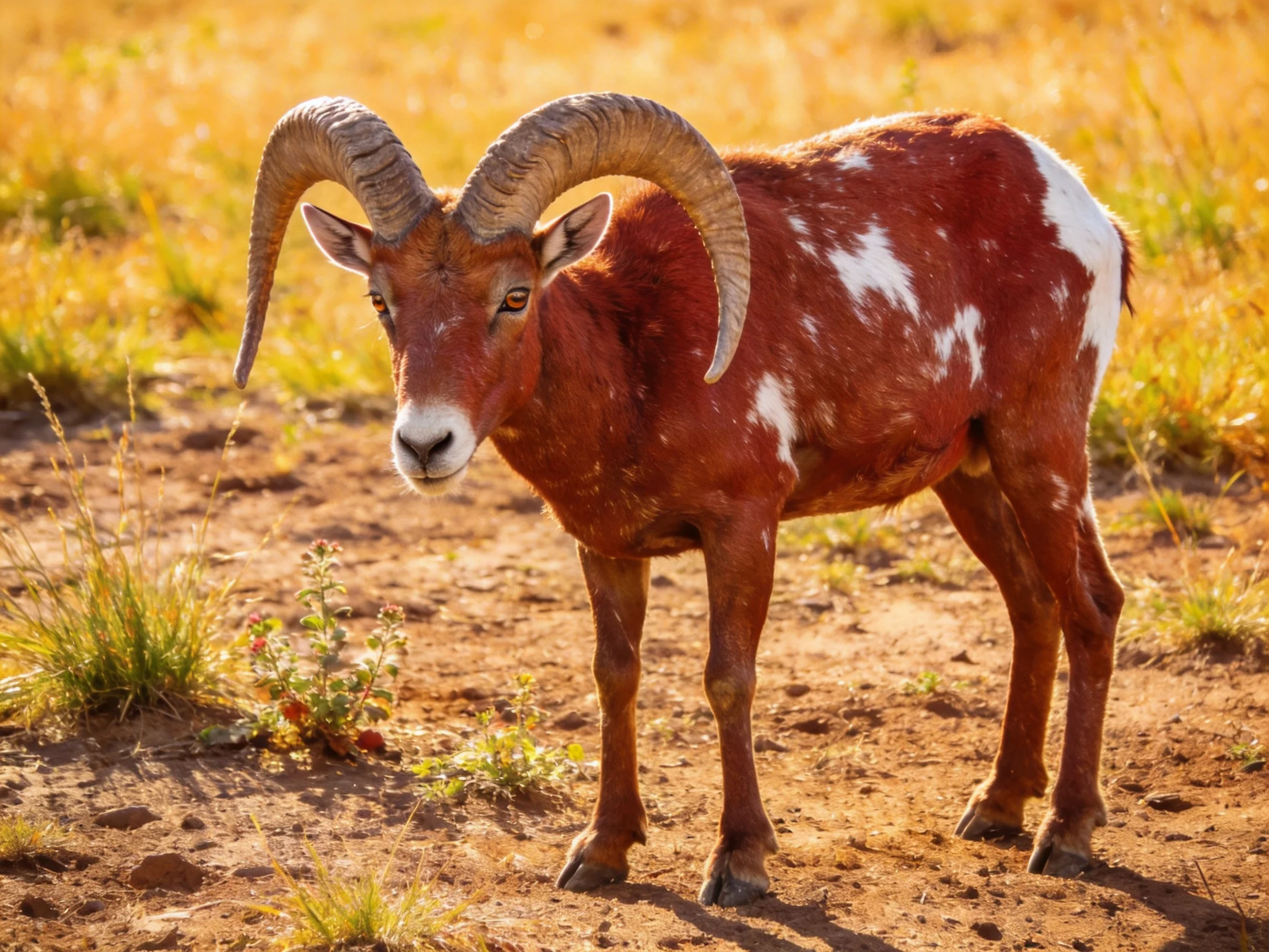 A reddish - brown ram with large curved horns on dry earth