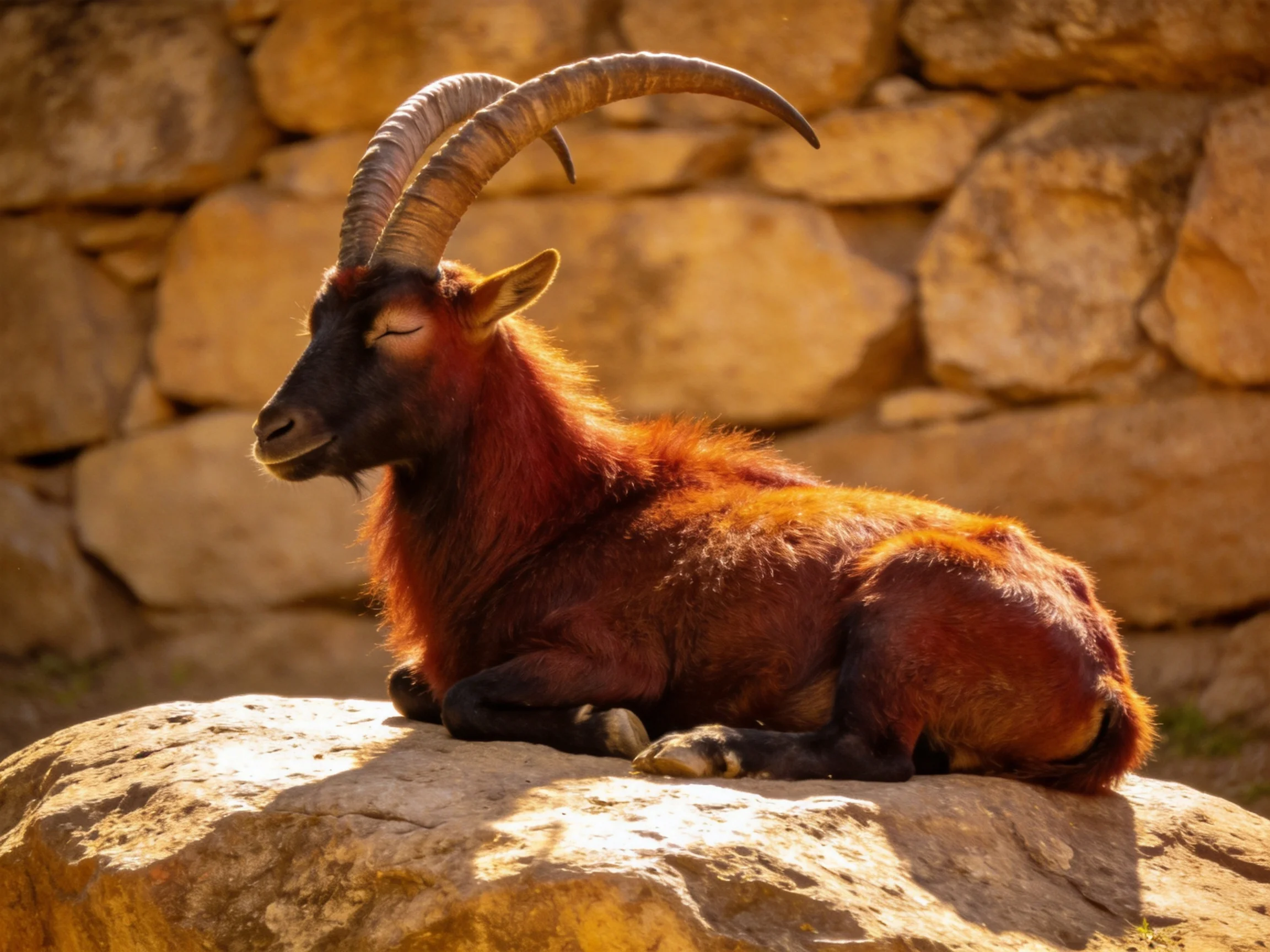 A reddish-furred horned goat rests on a sunlit rock near stone walls