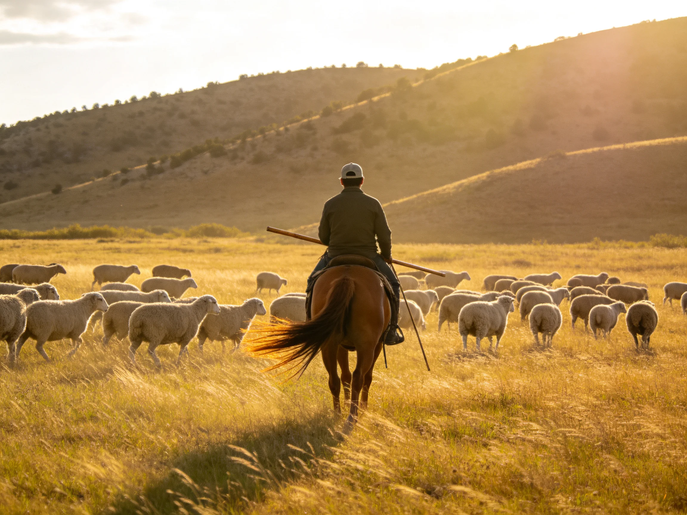 A rider herding sheep across golden grasslands with rolling hills