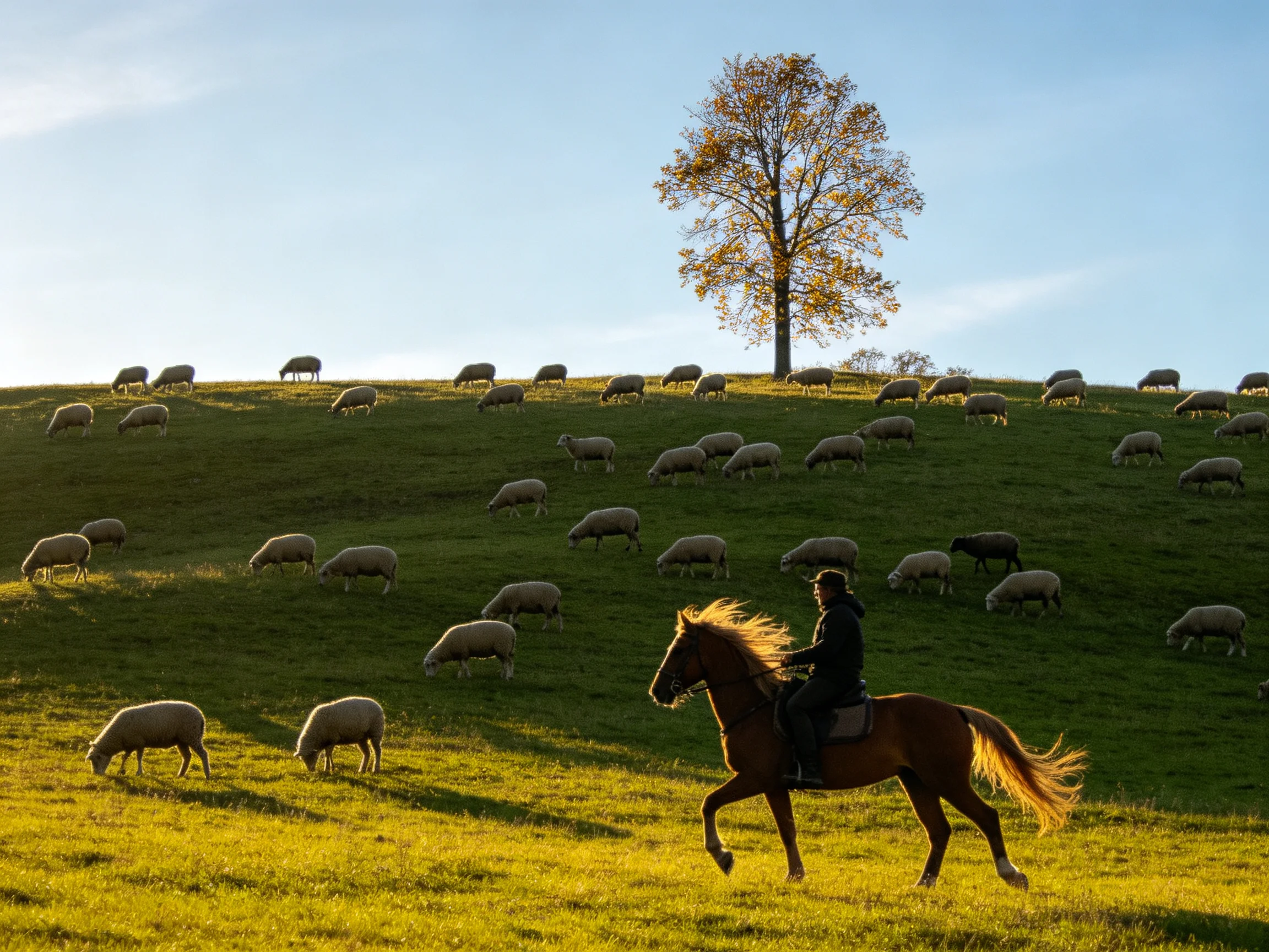 A rider on a chestnut horse herds sheep near a golden-hued tree