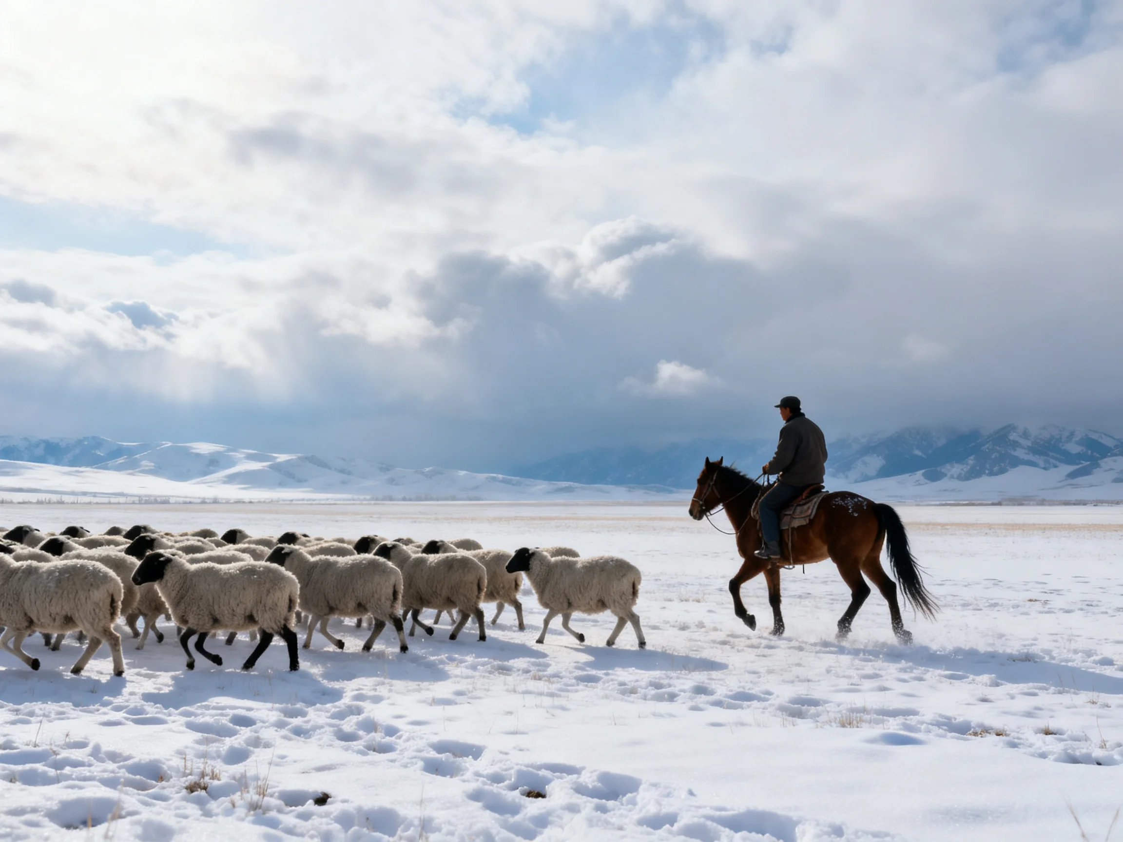 A rider on horseback herds sheep across a snowy mountainous plain