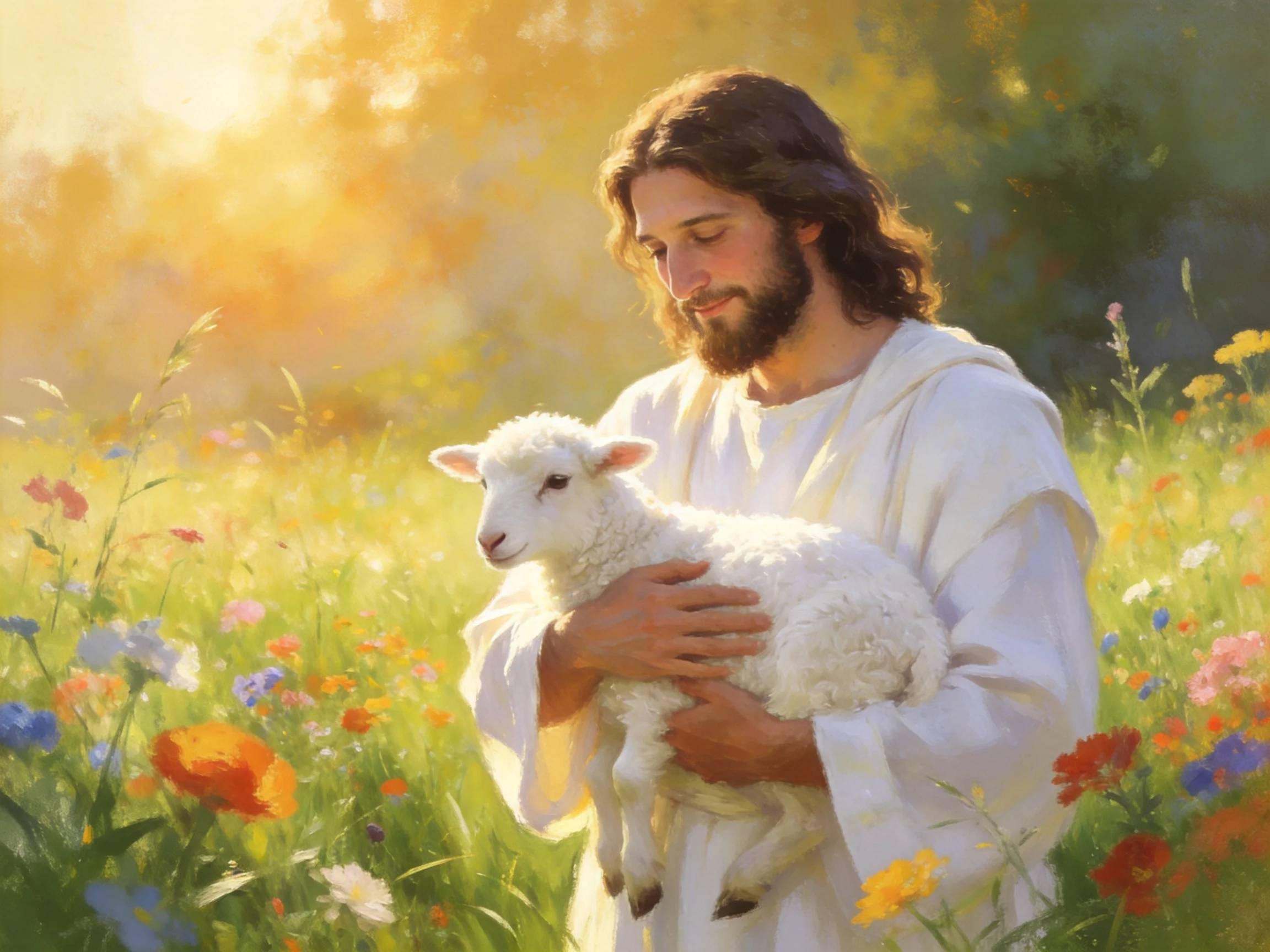 A robed figure cradles a lamb amid vibrant wildflowers under golden light.