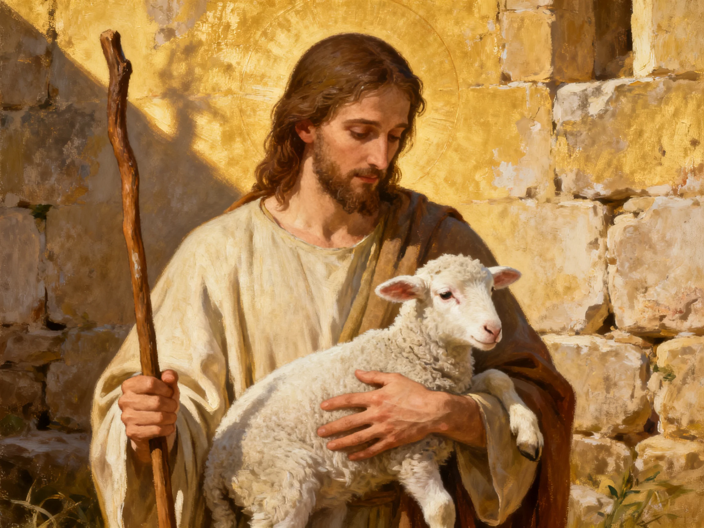 A robed figure cradles a white lamb by an ancient stone wall