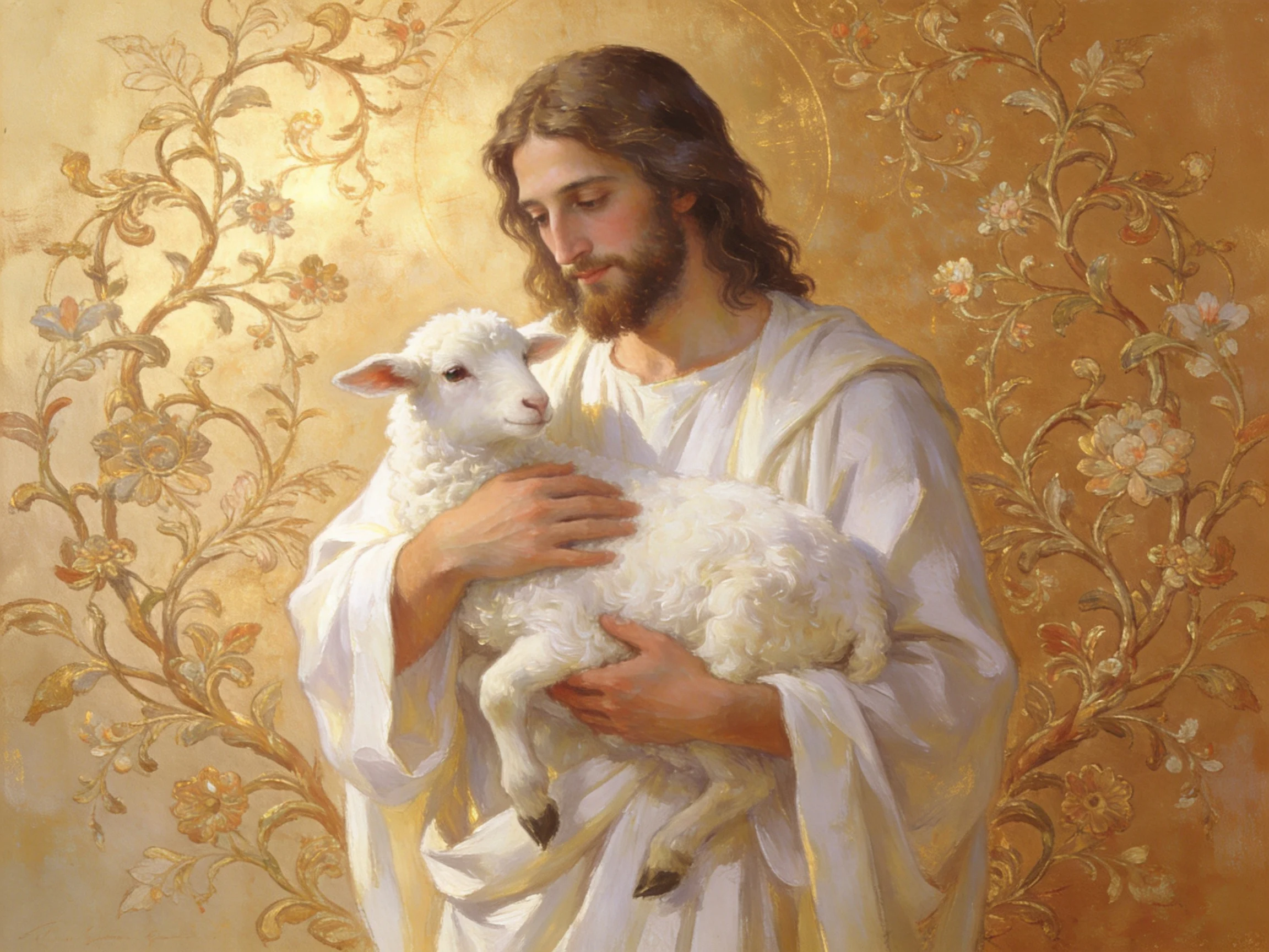 A robed figure cradles a white lamb in golden floral surroundings