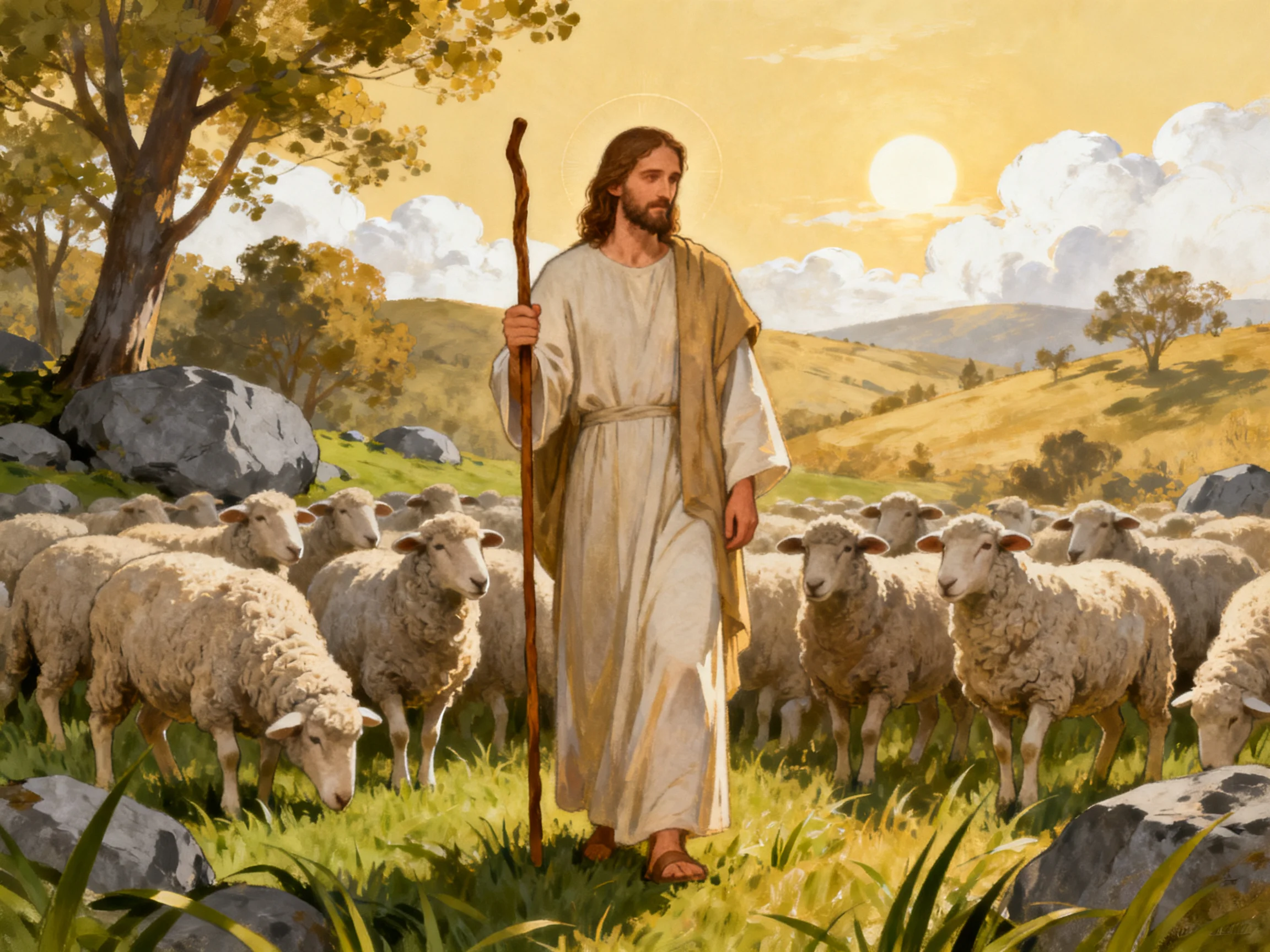 A robed figure guiding sheep in a sunlit countryside