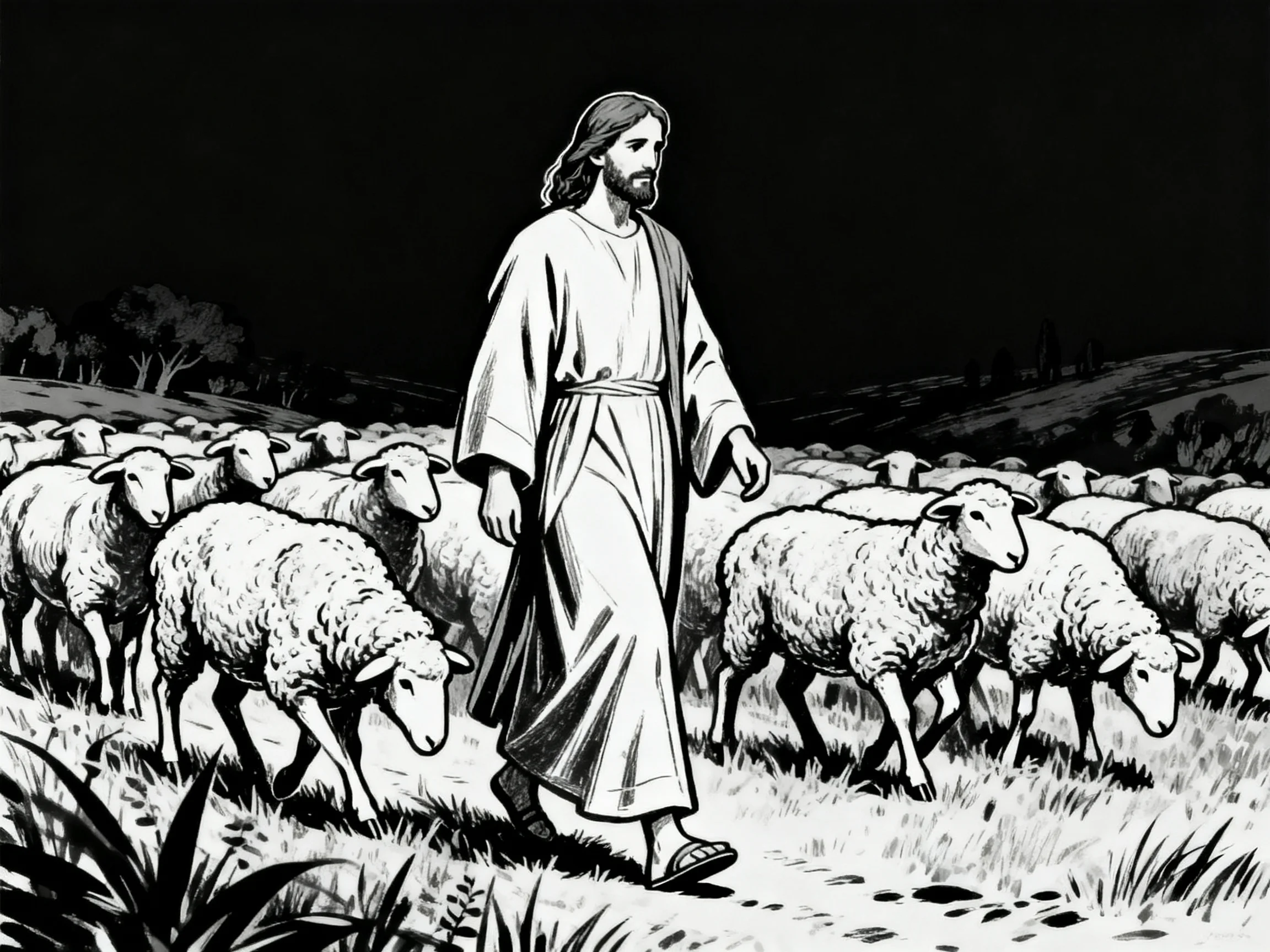 A robed figure herding sheep in a monochromatic landscape