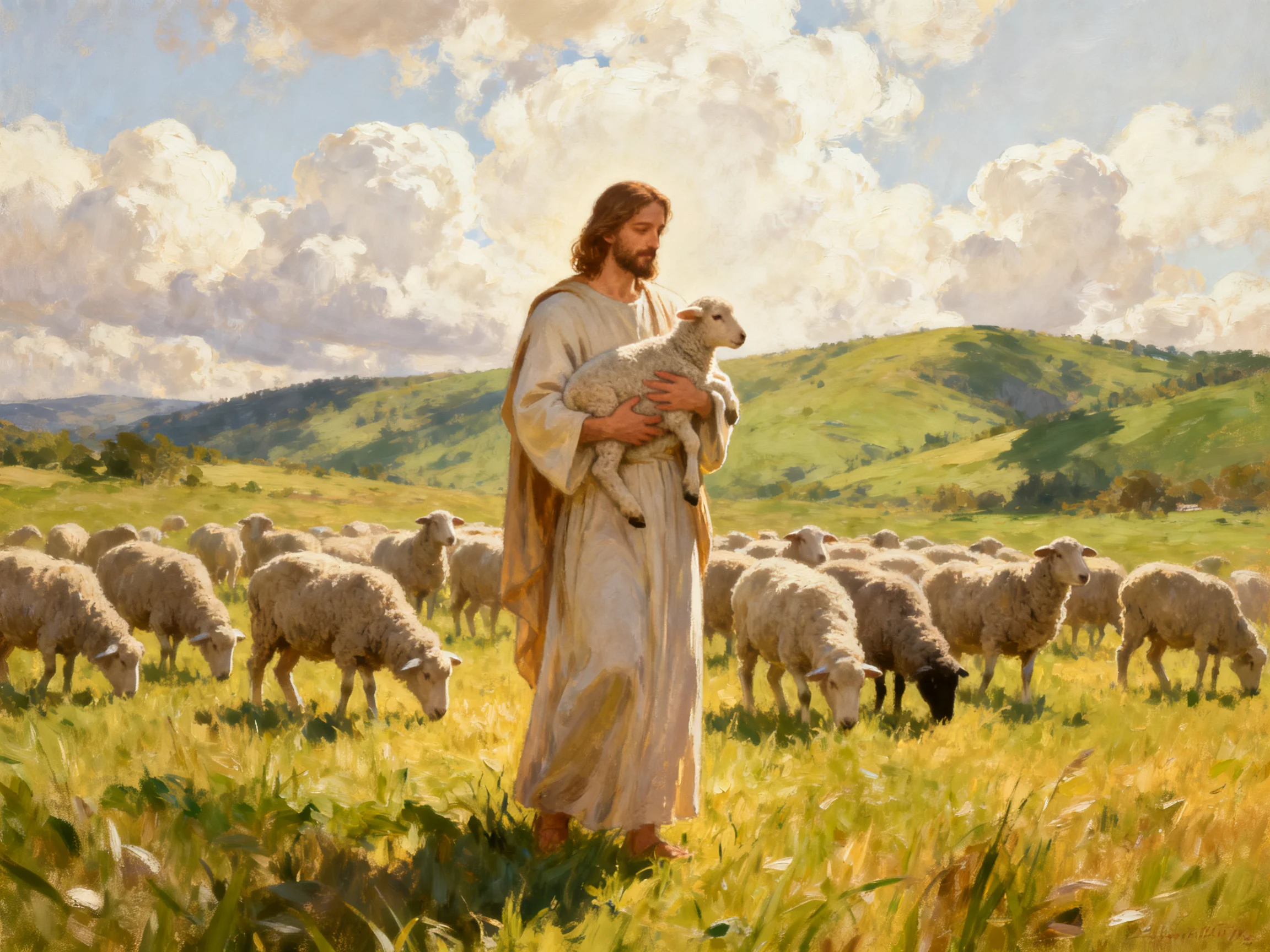 A robed figure holding a lamb amid a flock of sheep in asunlit meadow