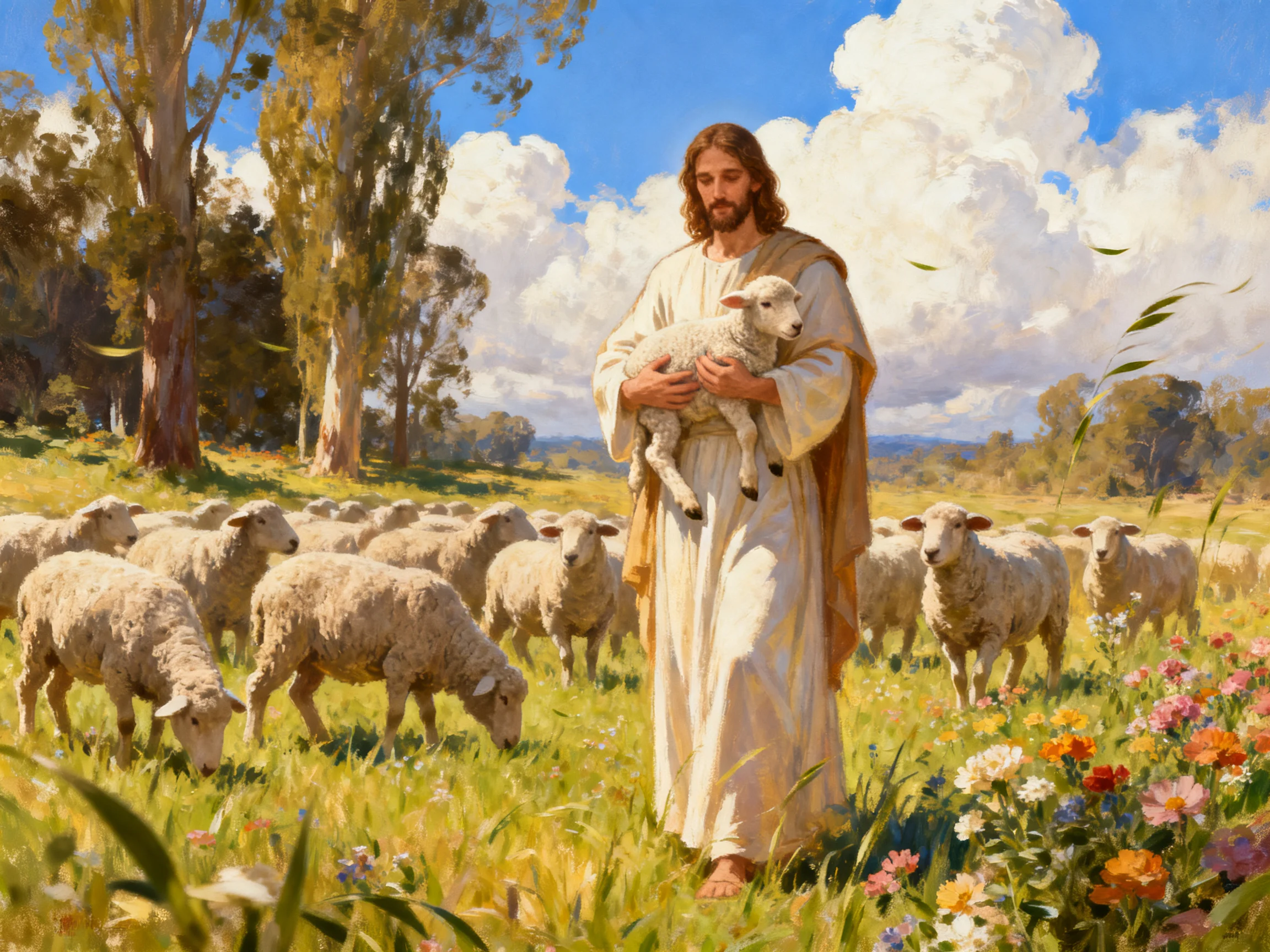 A robed figure holding a lamb near grazing sheep in a colorful meadow
