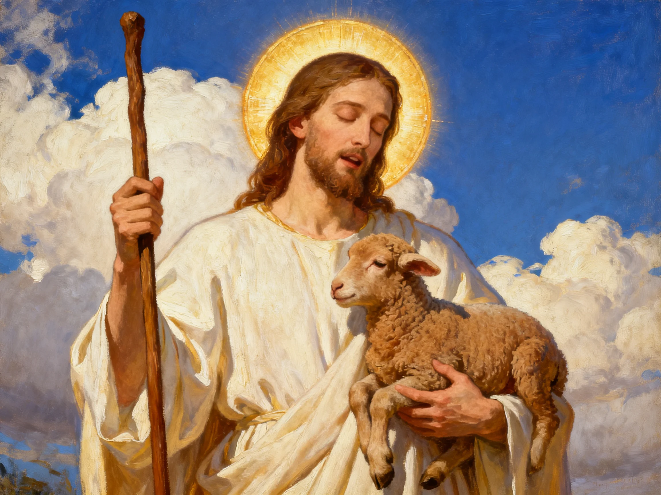 A robed figure holding a lamb with golden halo and wooden staff