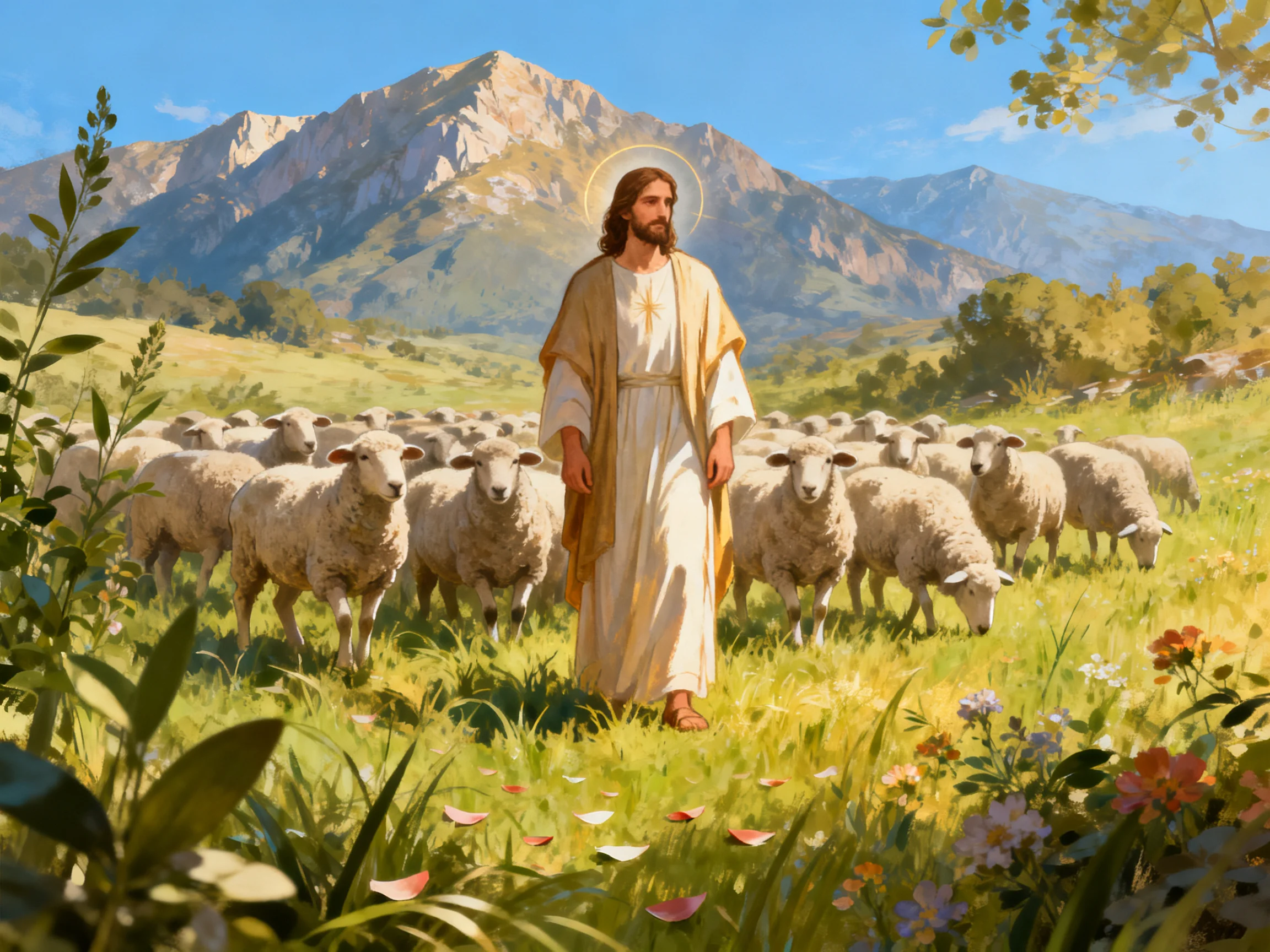 A robed figure leads sheep in a verdant meadow near mountains