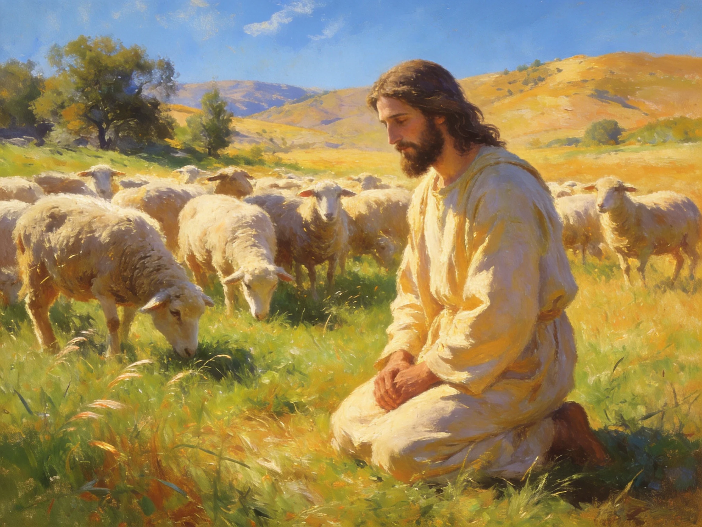 A robed figure tending sheep in golden pastoral landscape