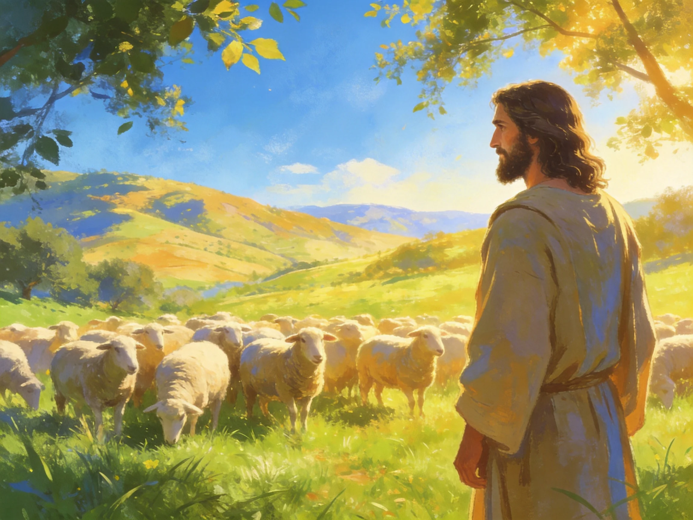 A robed figure tends sheep in a sunlit rolling meadow