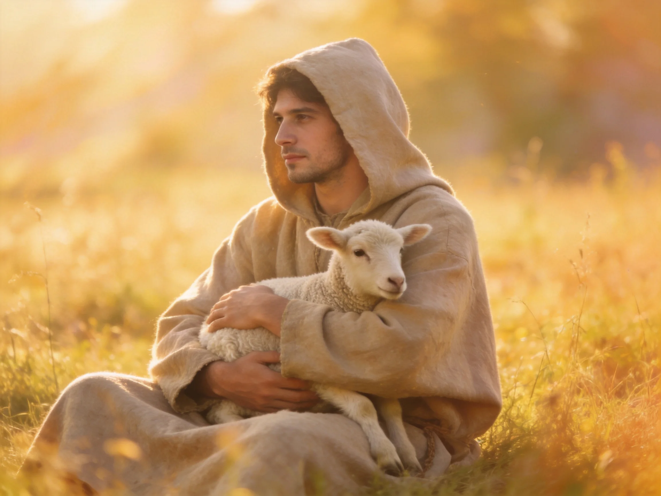A robed person holds a lamb in a sunlit field