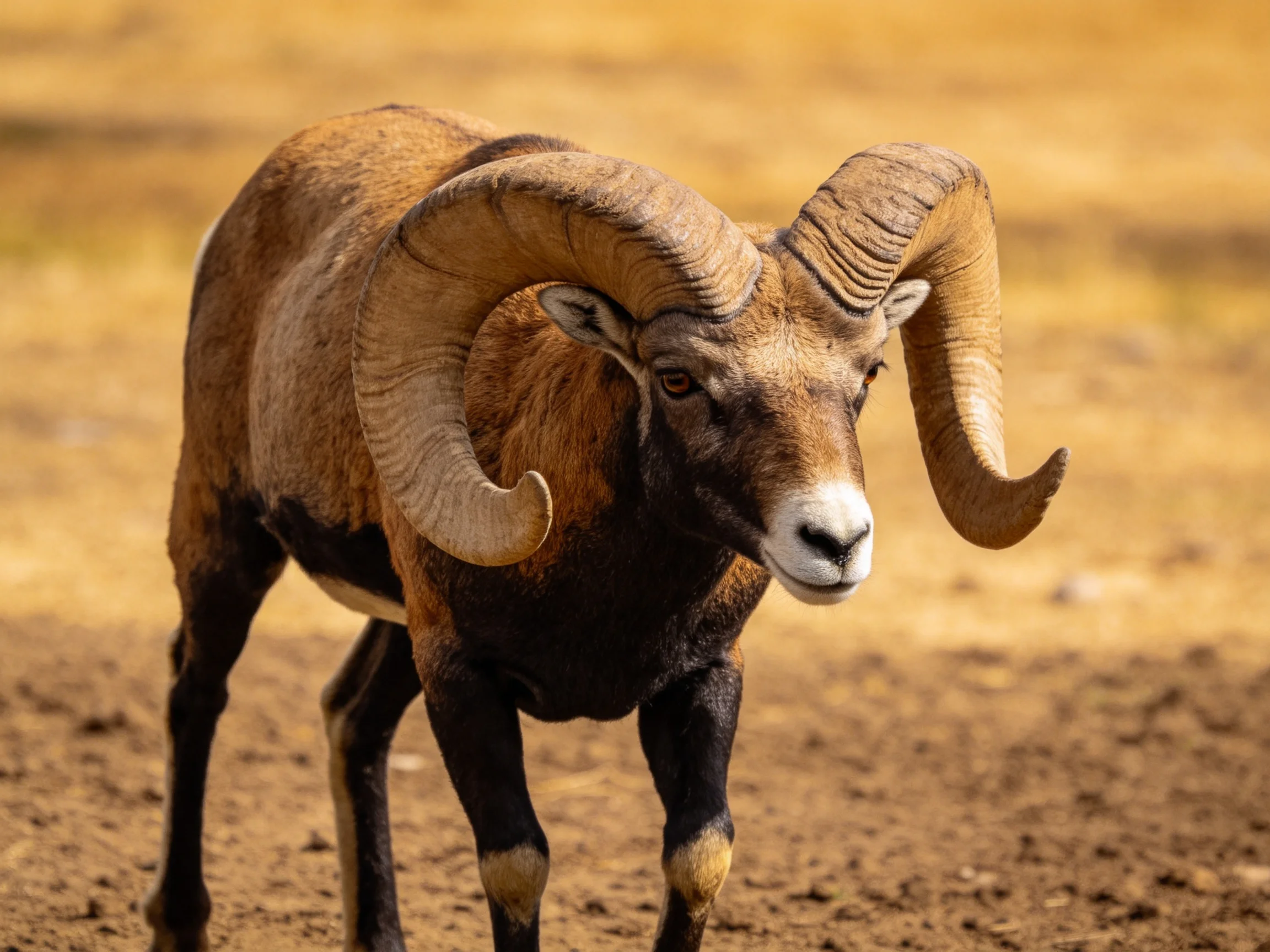 A robust ram with massive curved horns in a dry, earth-toned terrain