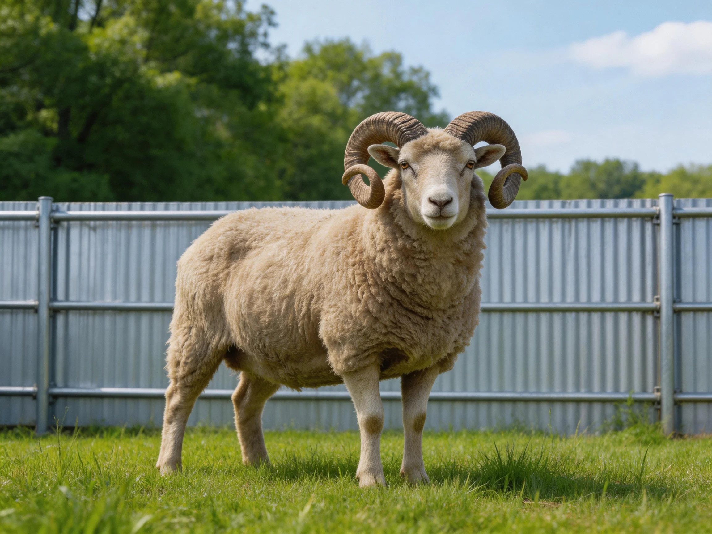 A robustram with curved brown horns stands on lush green grass