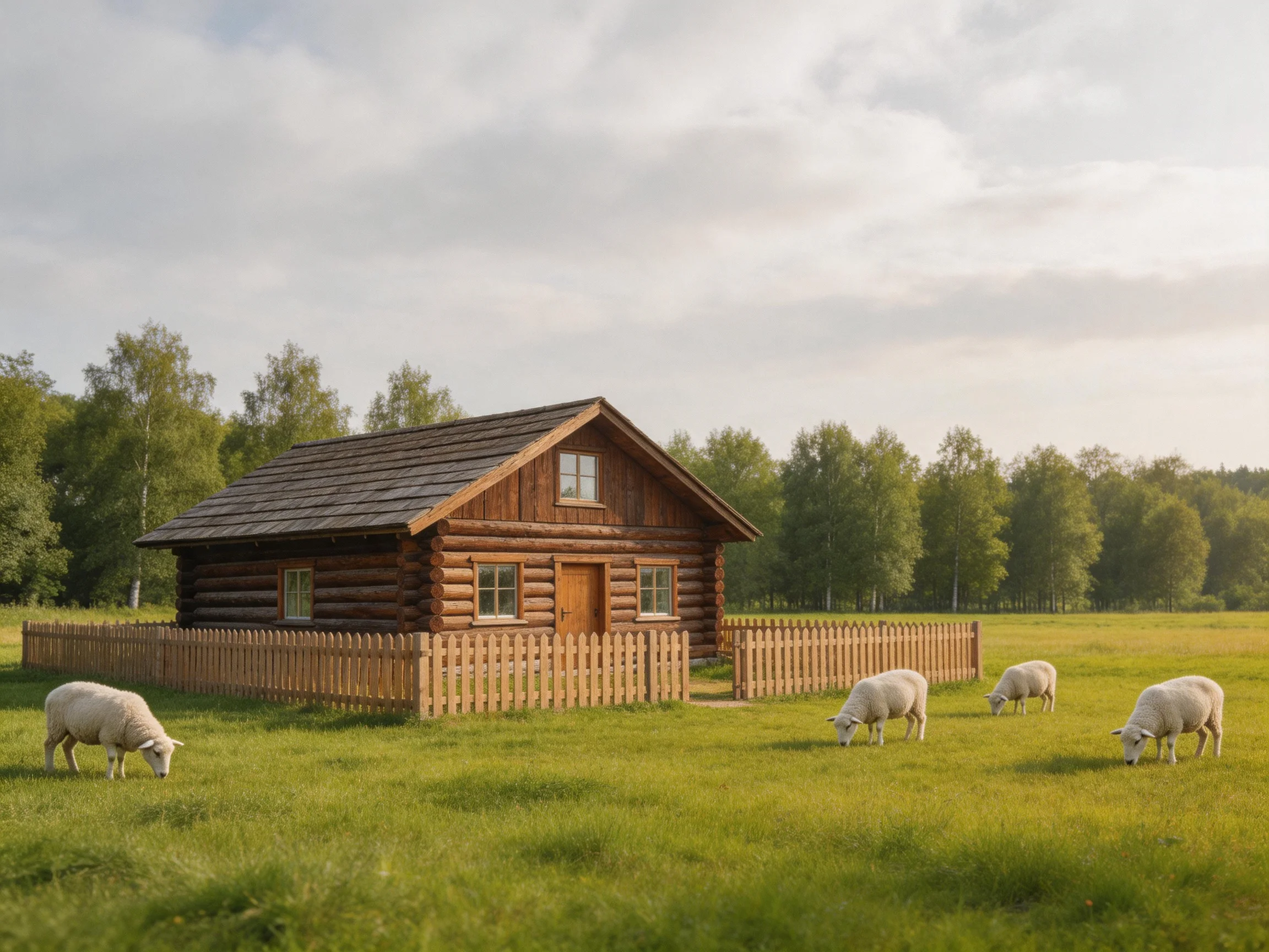 A rustic brown log cabin near a green pasture with four grazing sheep