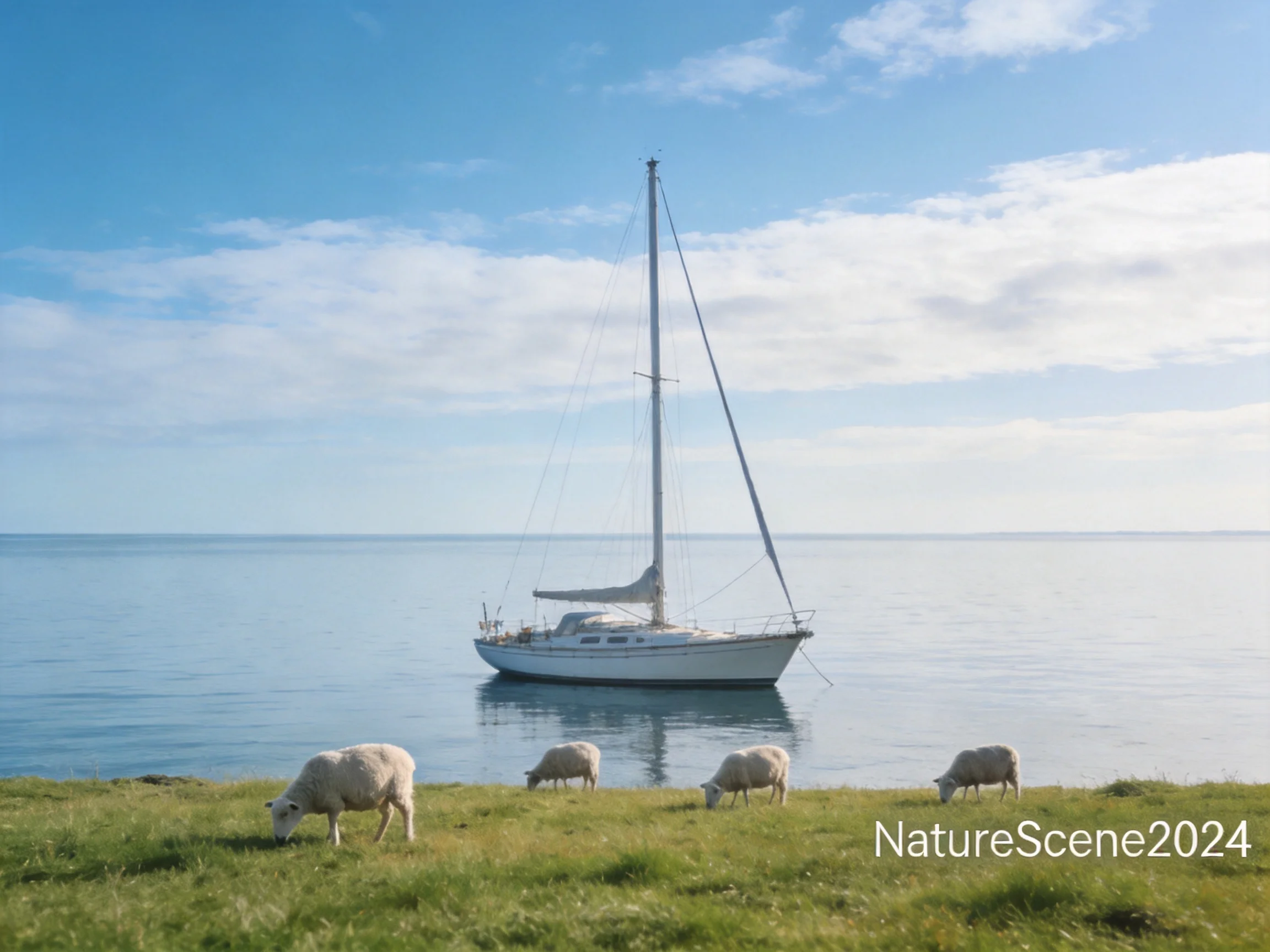 A sailboat moored beside grazing sheep on tranquil waterfront