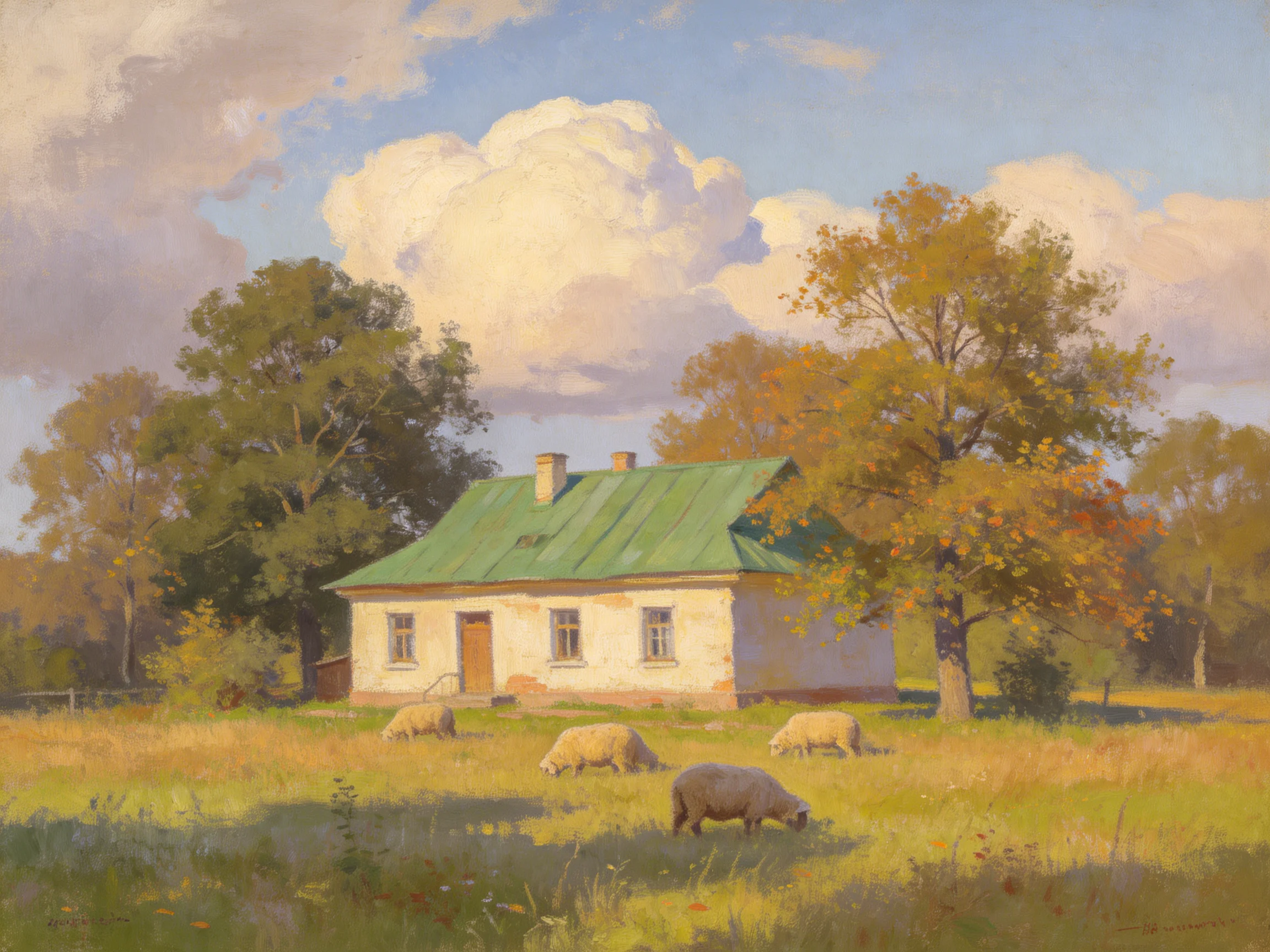 A serene countryside house with green roof, sheep, and golden autumn landscape