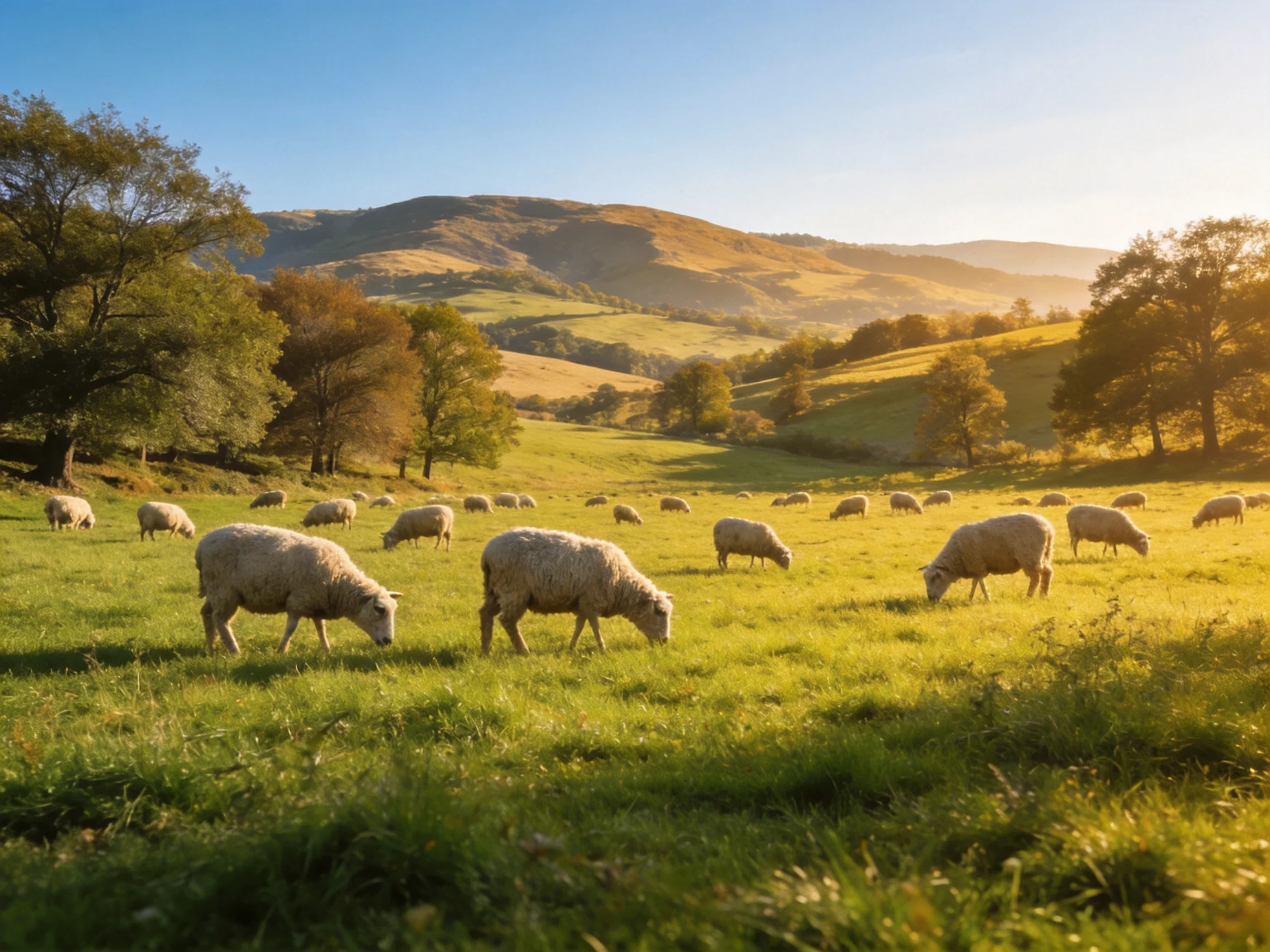 A serene countryside meadow with many grazing sheep and rolling hills