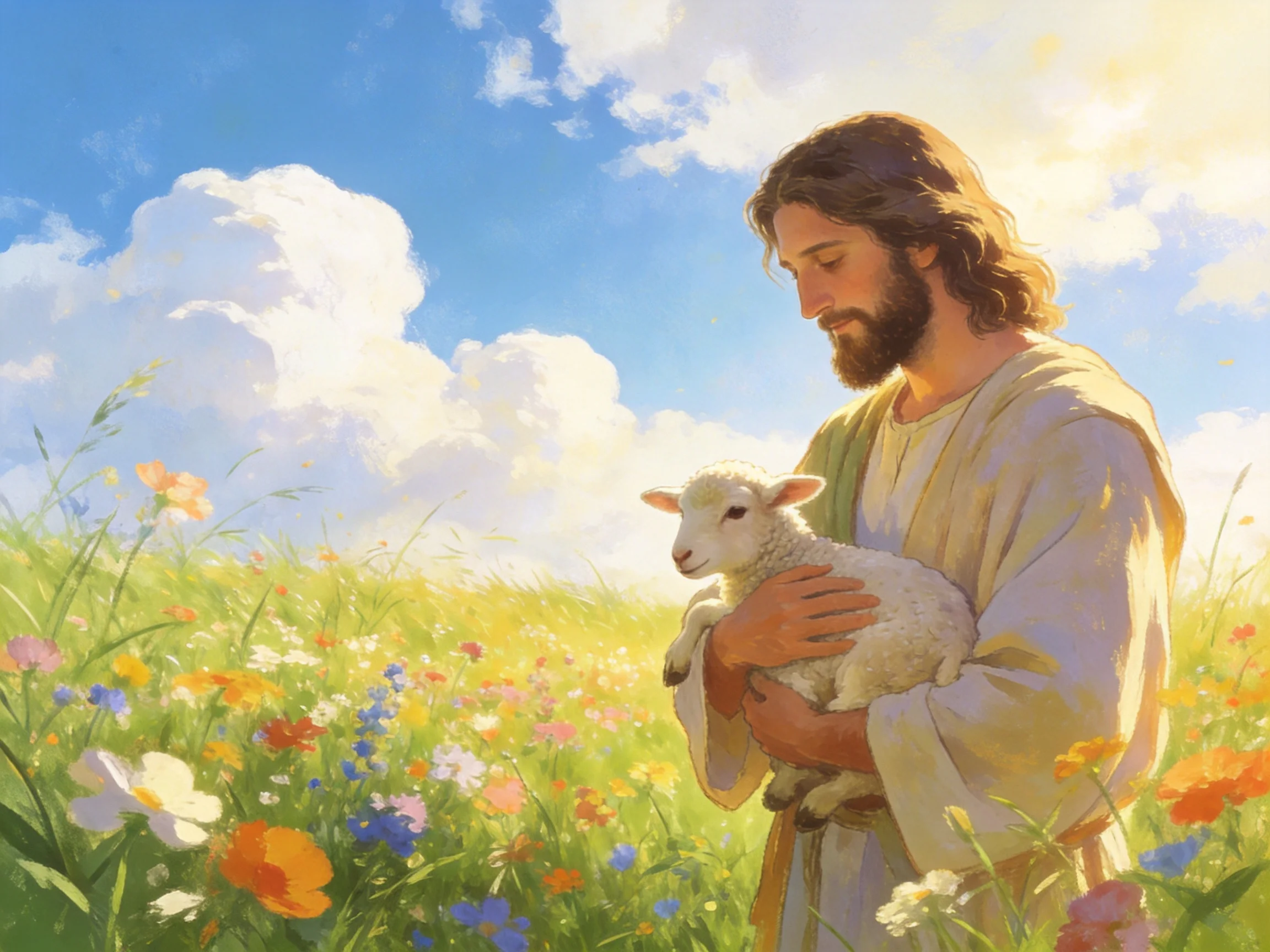 A serene figure holds a lamb in a flower-filled meadow