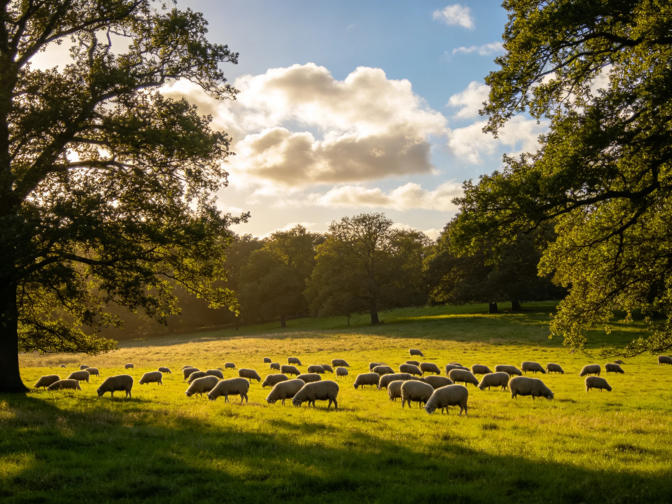 A serene meadow with grazing sheep and tall oak trees