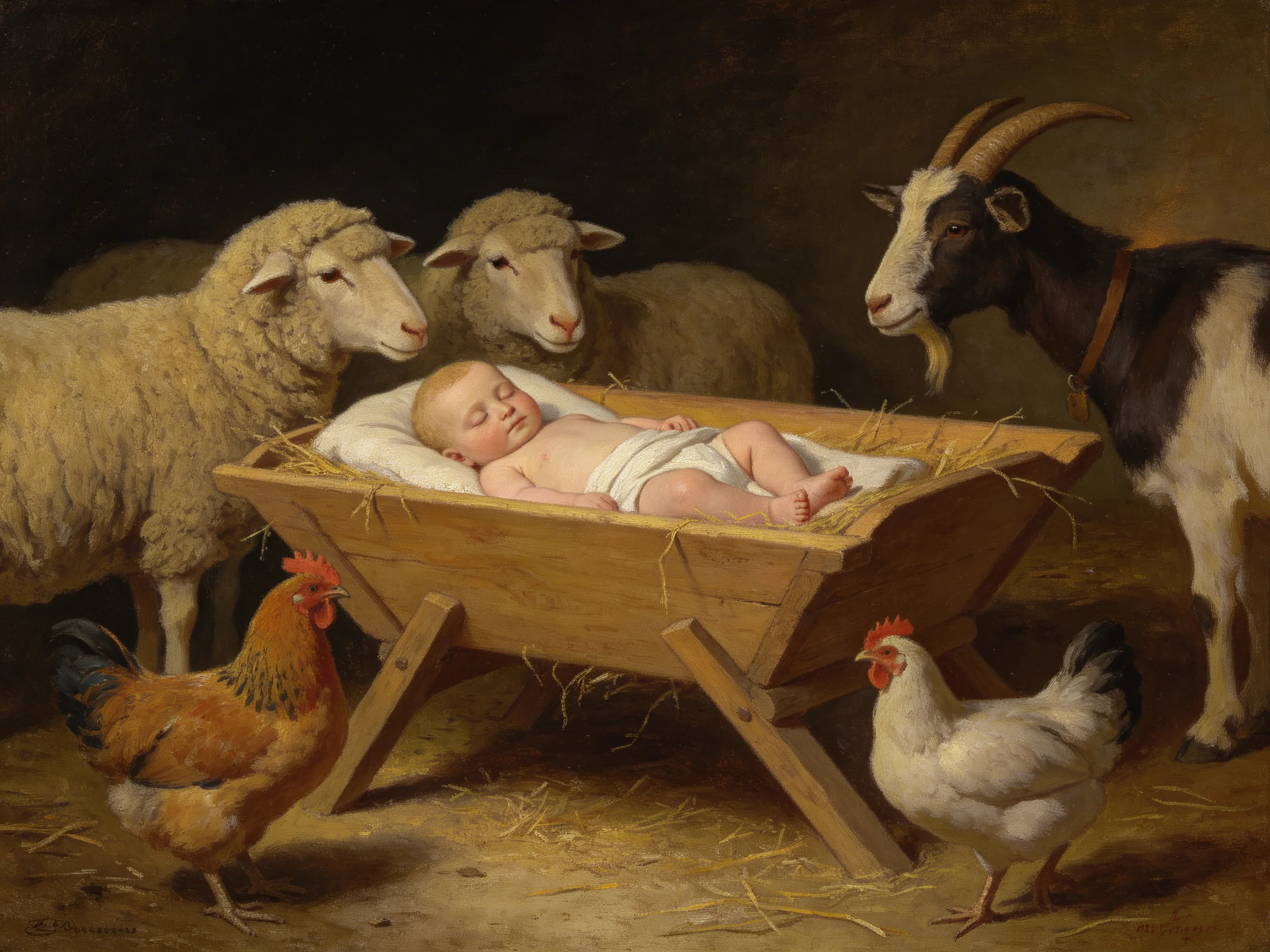 A serene nativity scene with farm animals surrounding an infant
