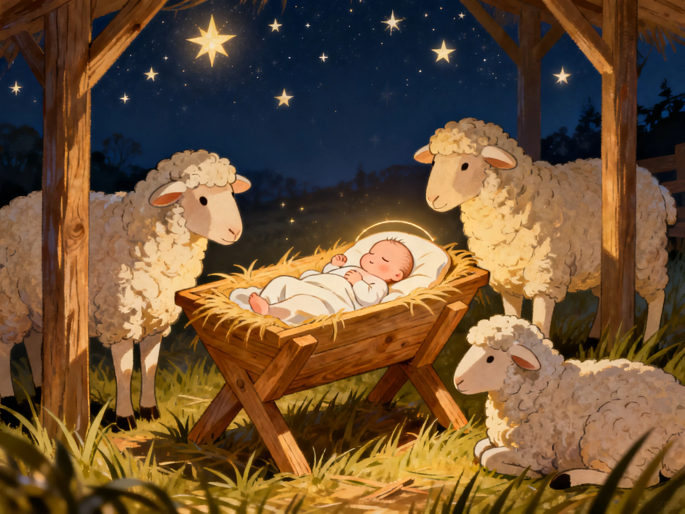 A serene nativity scene with three sheep, wooden manger, starry night