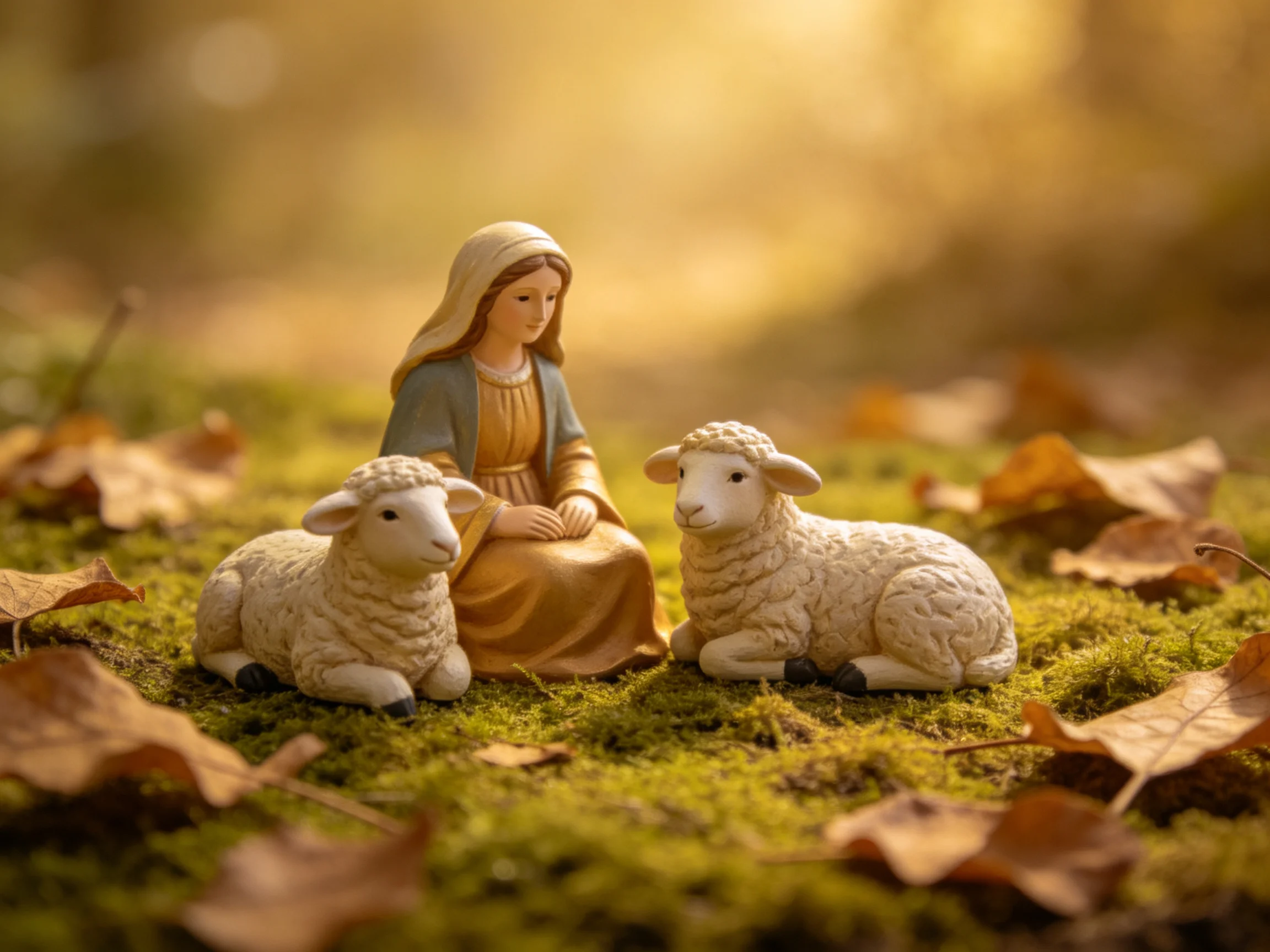 A serene nativity scene with two sheep figurines on mossy ground