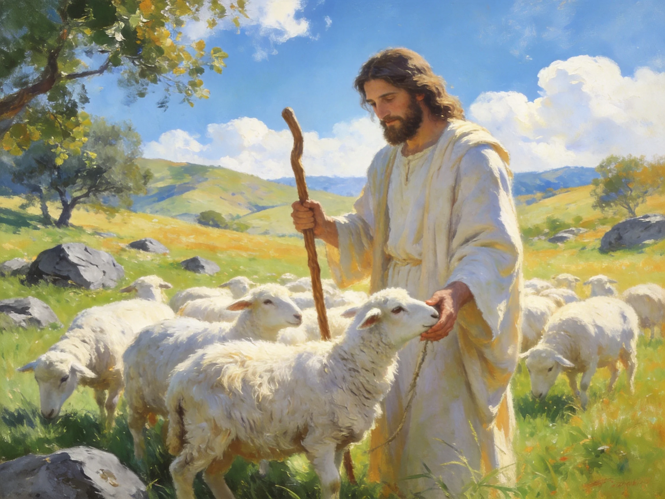 A serene pastoral scene with a robed figure tending sheep