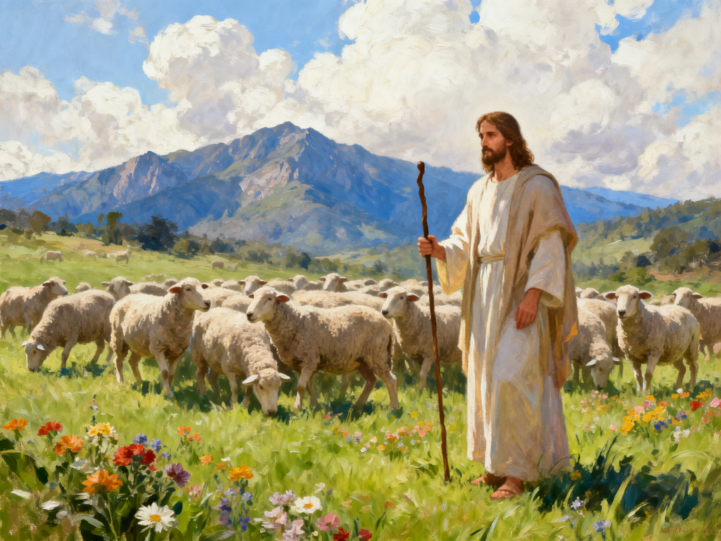 A serene pastoral scene with a robed figure tending sheep near mountains