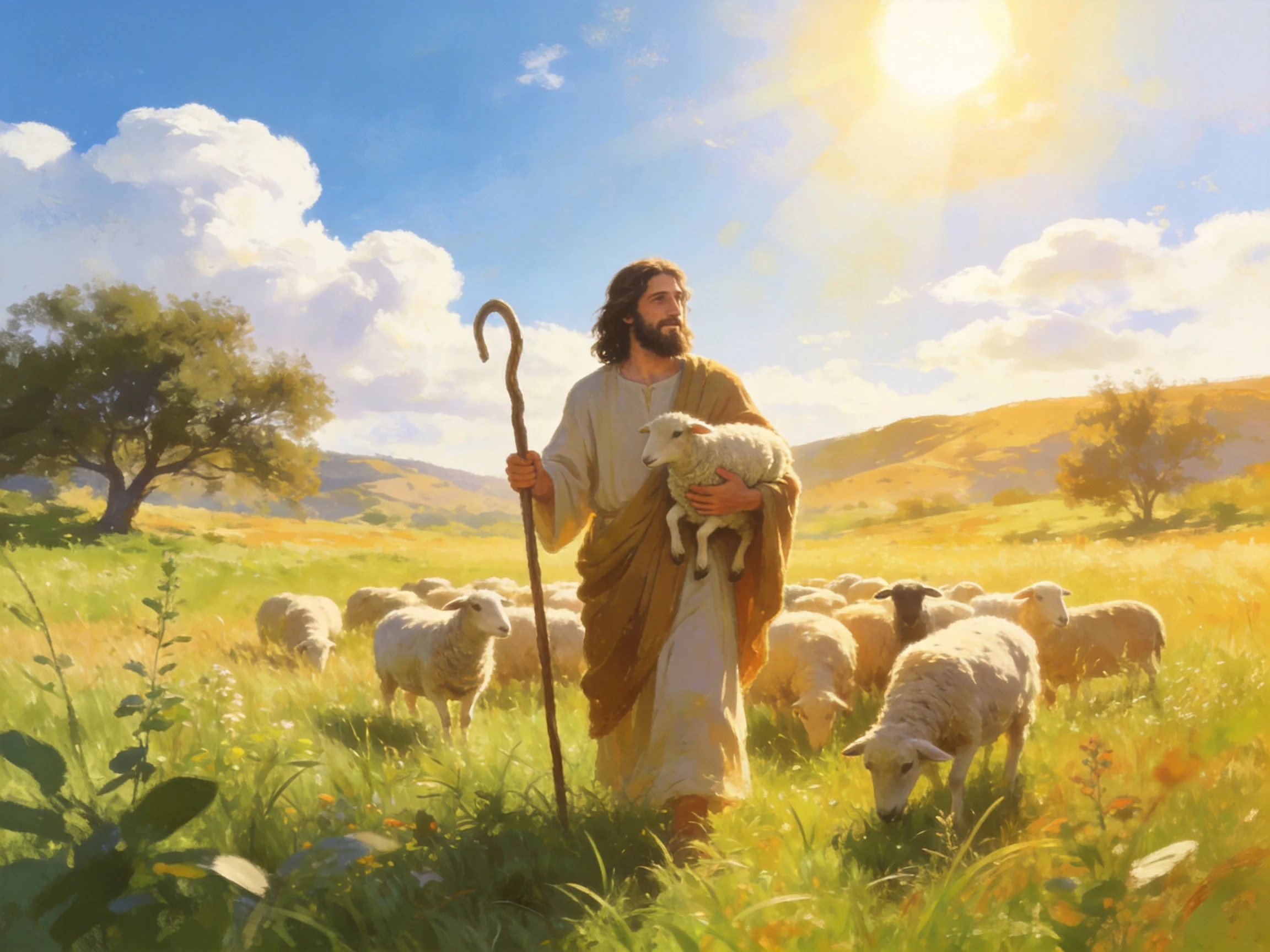A serene pastoral scene with a shepherd and sheep under golden sunlight