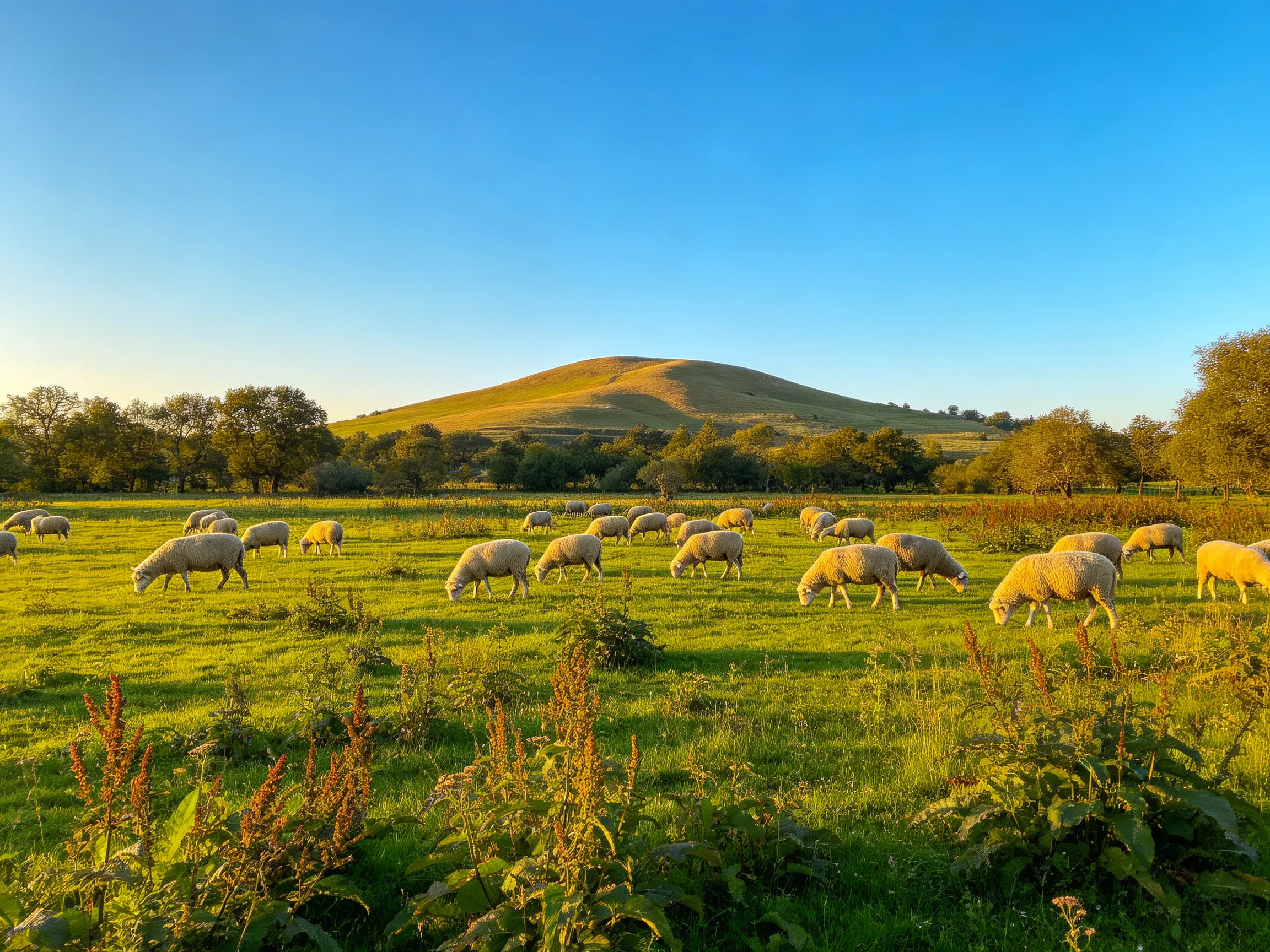 A serene pastoral scene with grazing sheep and golden rolling hills