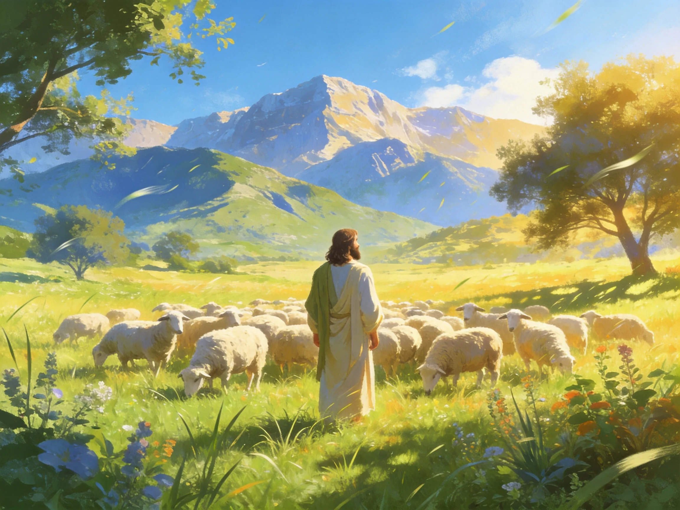 A serene pastoral scene with sheep, robed figure, and towering mountains