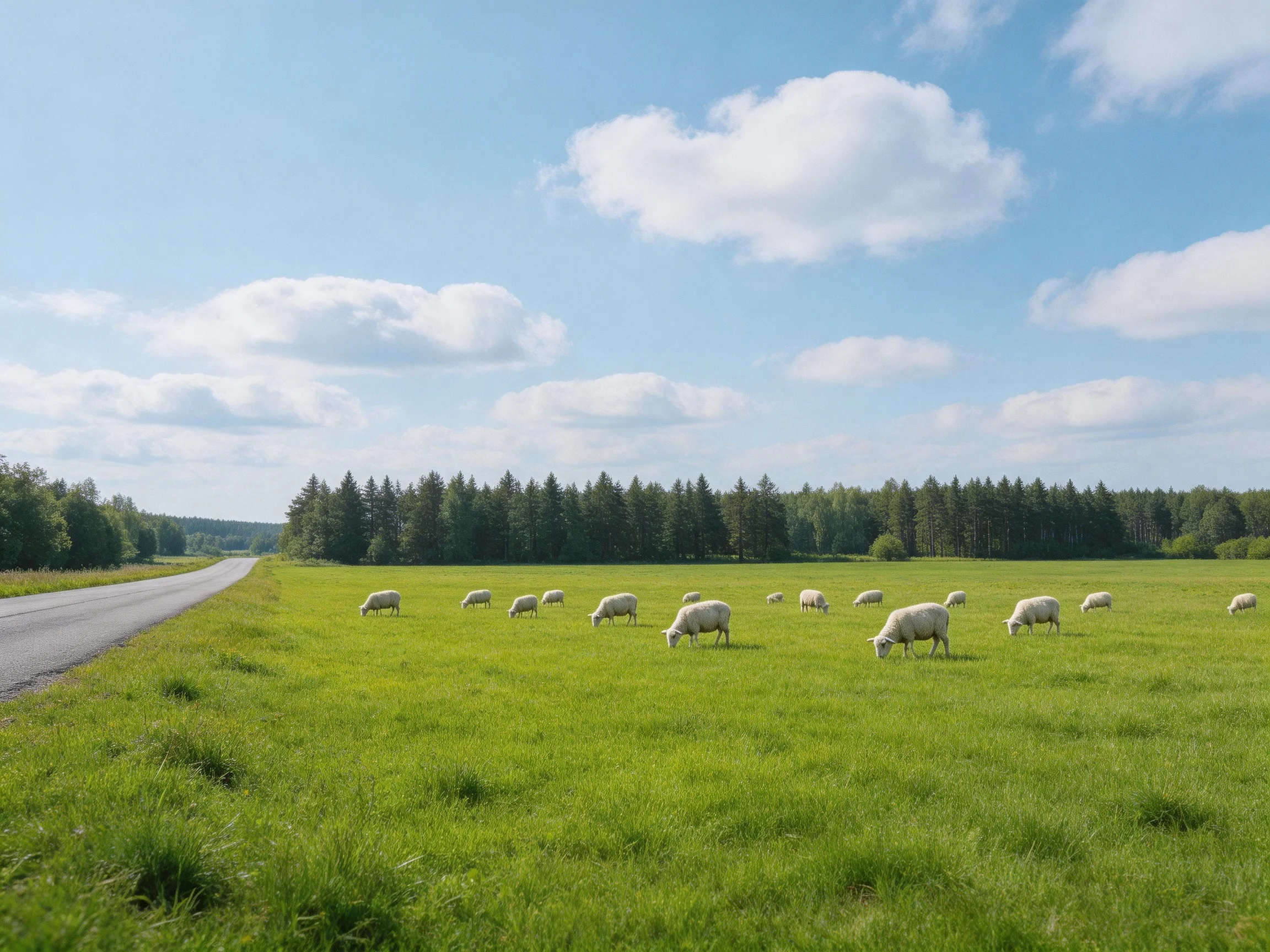 A serene pasture with numerous sheep grazing beside a country road