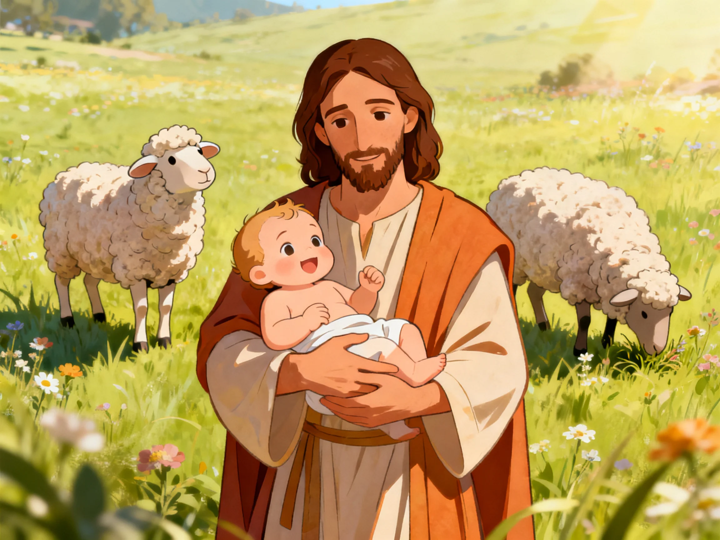A serene scene of a figure holding a baby near grazing sheep in a sunlit meadow