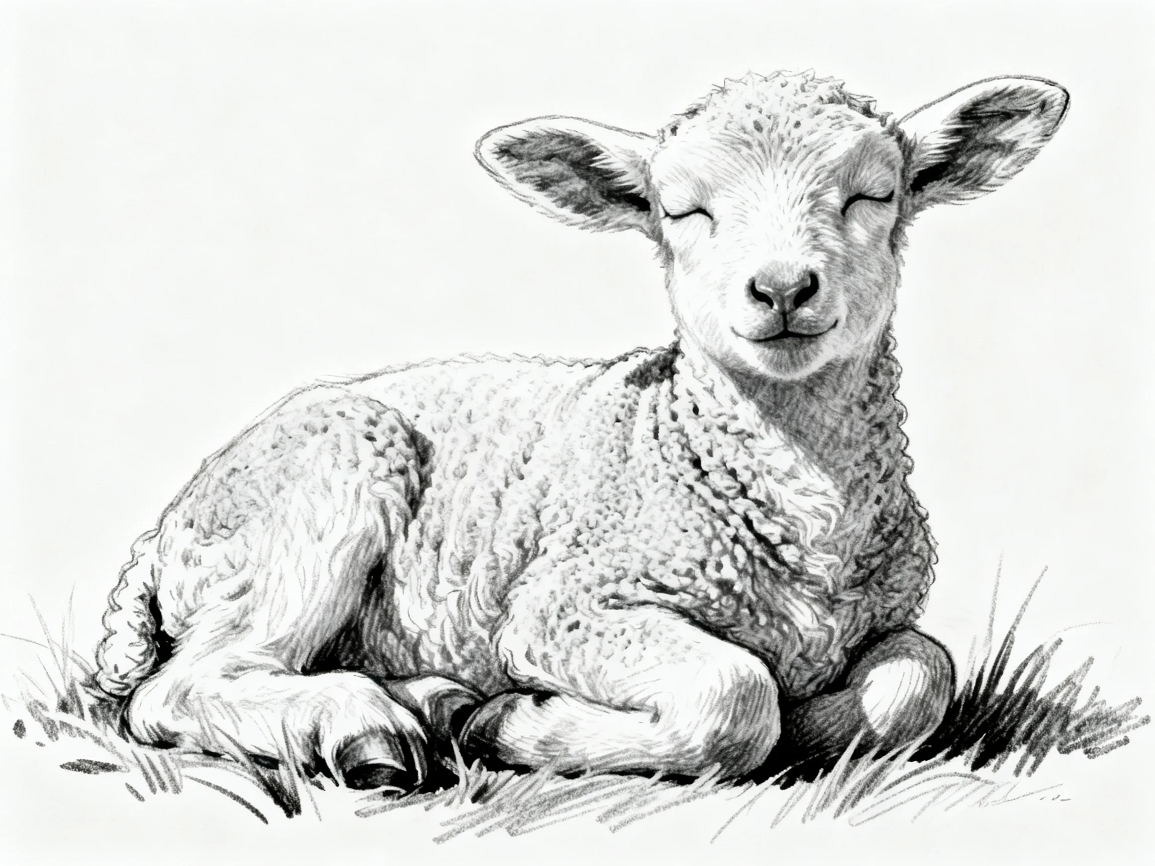 A serene young lamb resting on grass in a detailed sketch