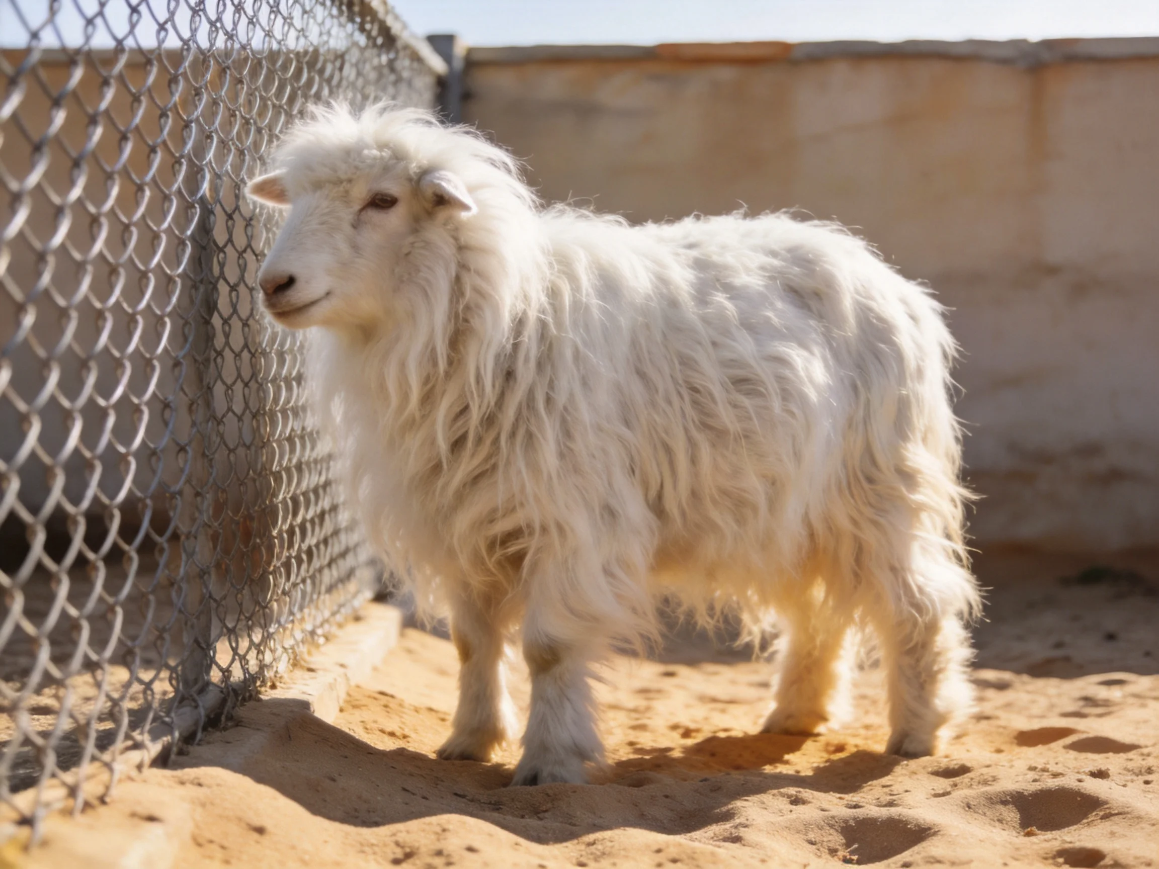 A shaggy white sheep stands by a chain-link fence on sandy ground