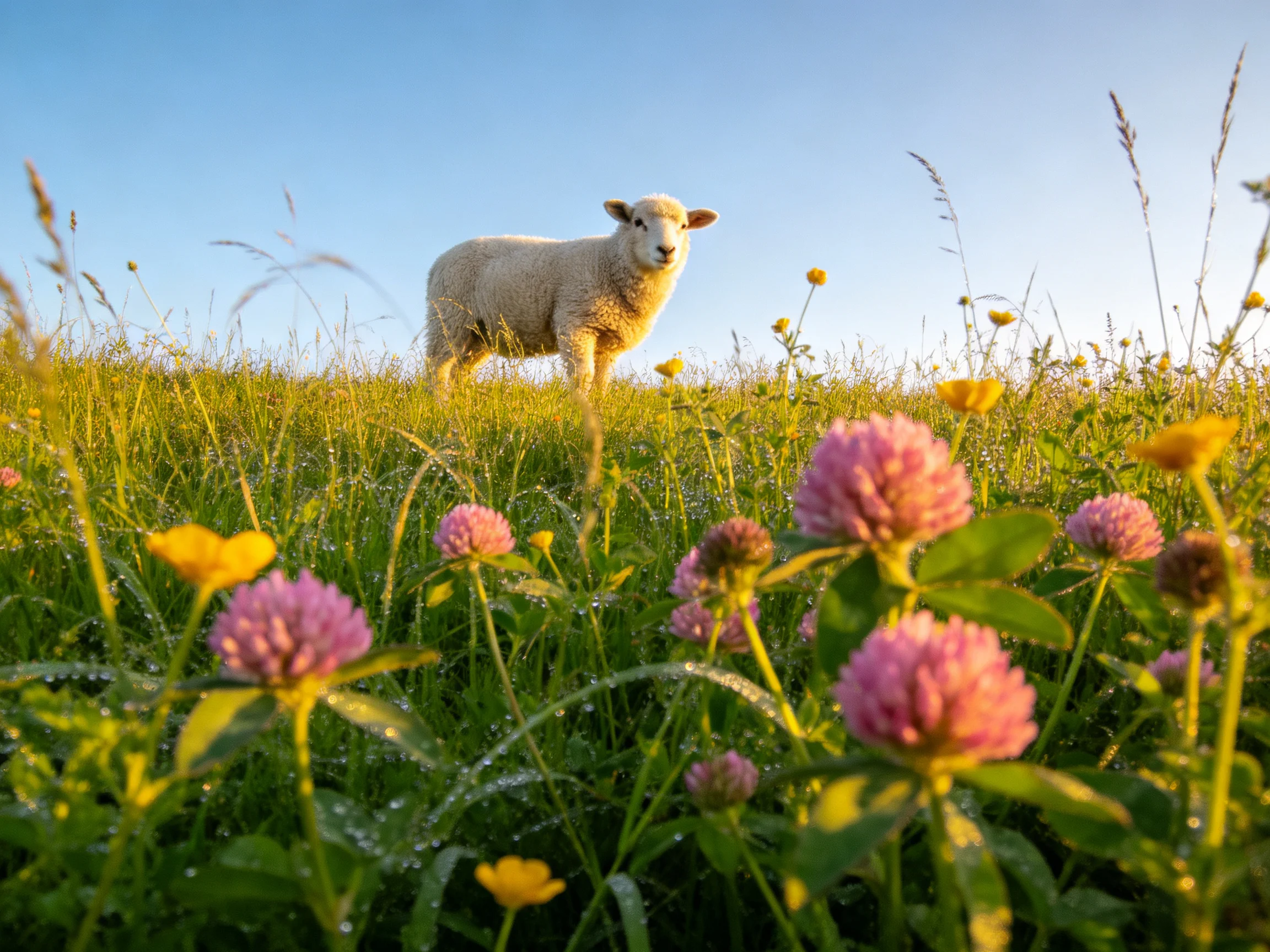 A sheep amidst vibrant wildflowers and tall grasses