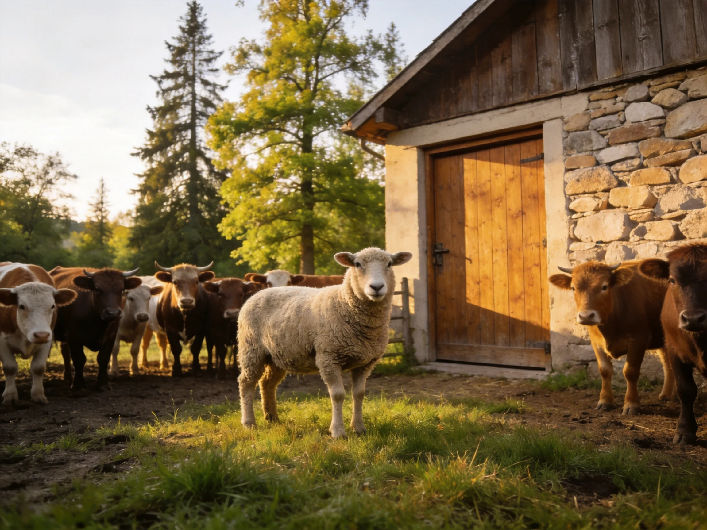 A sheep among cattle near a rustic stone barn with wooden door