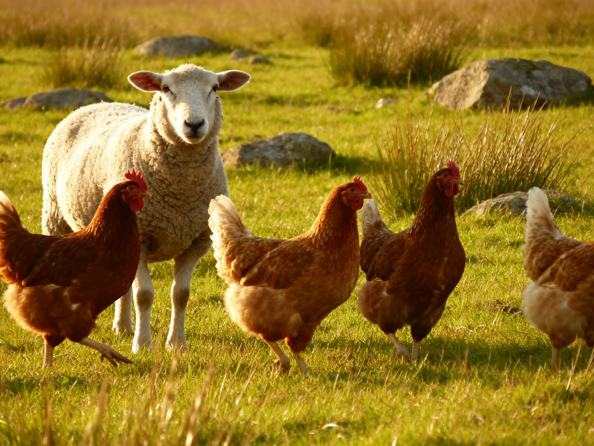 A sheep among five brown chickens in a sunlit grassy field