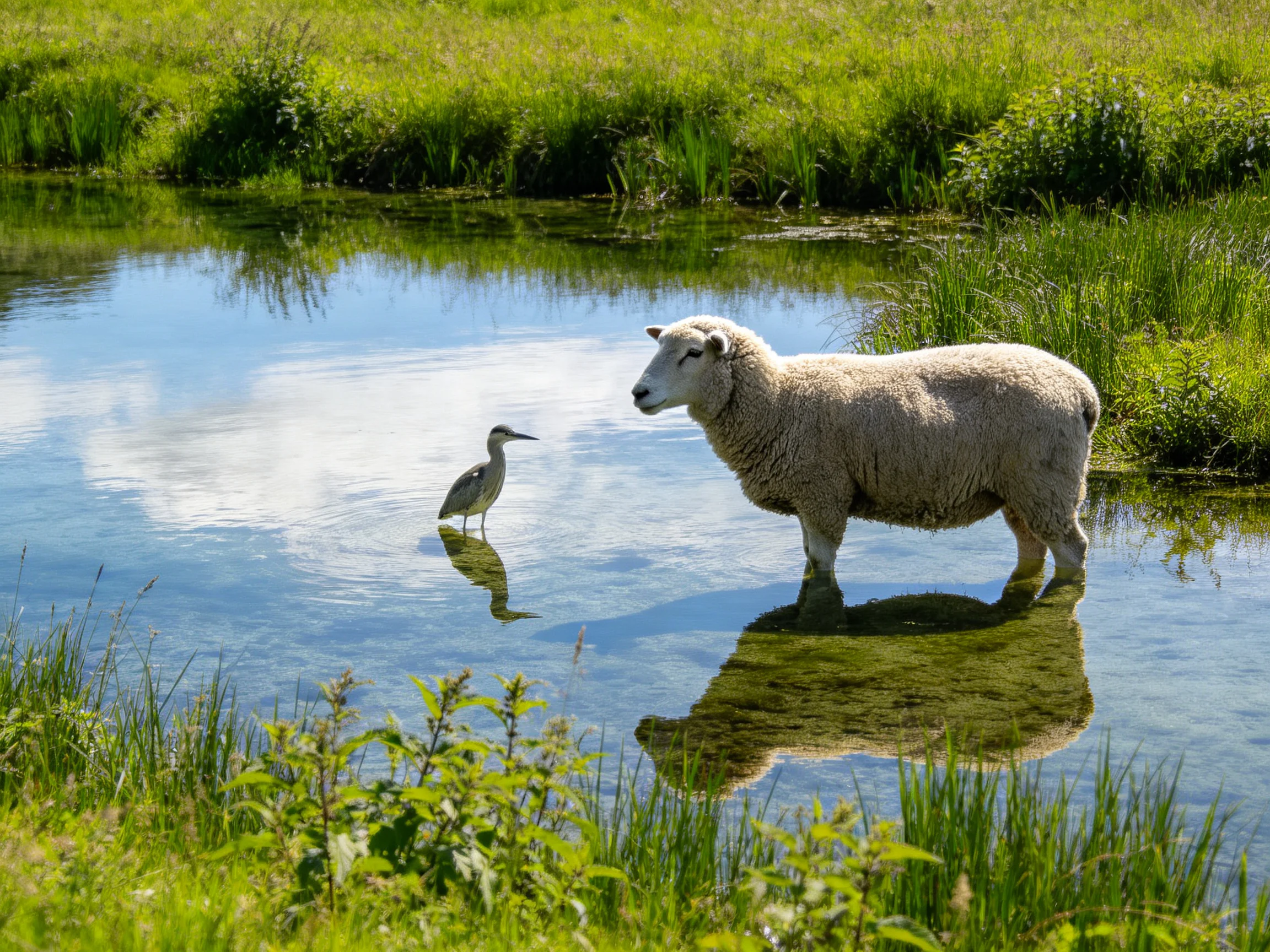 A sheep and bird stand in clear blue water amid lush green vegetation
