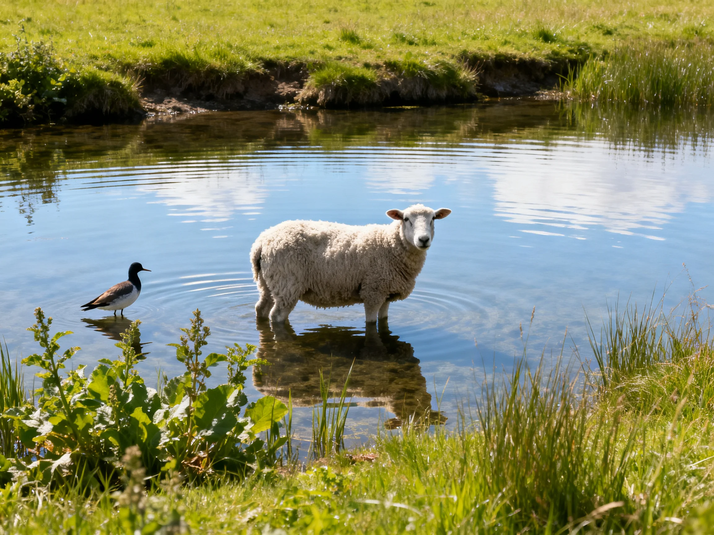 A sheep and bird wade in clear blue water near lush greenery