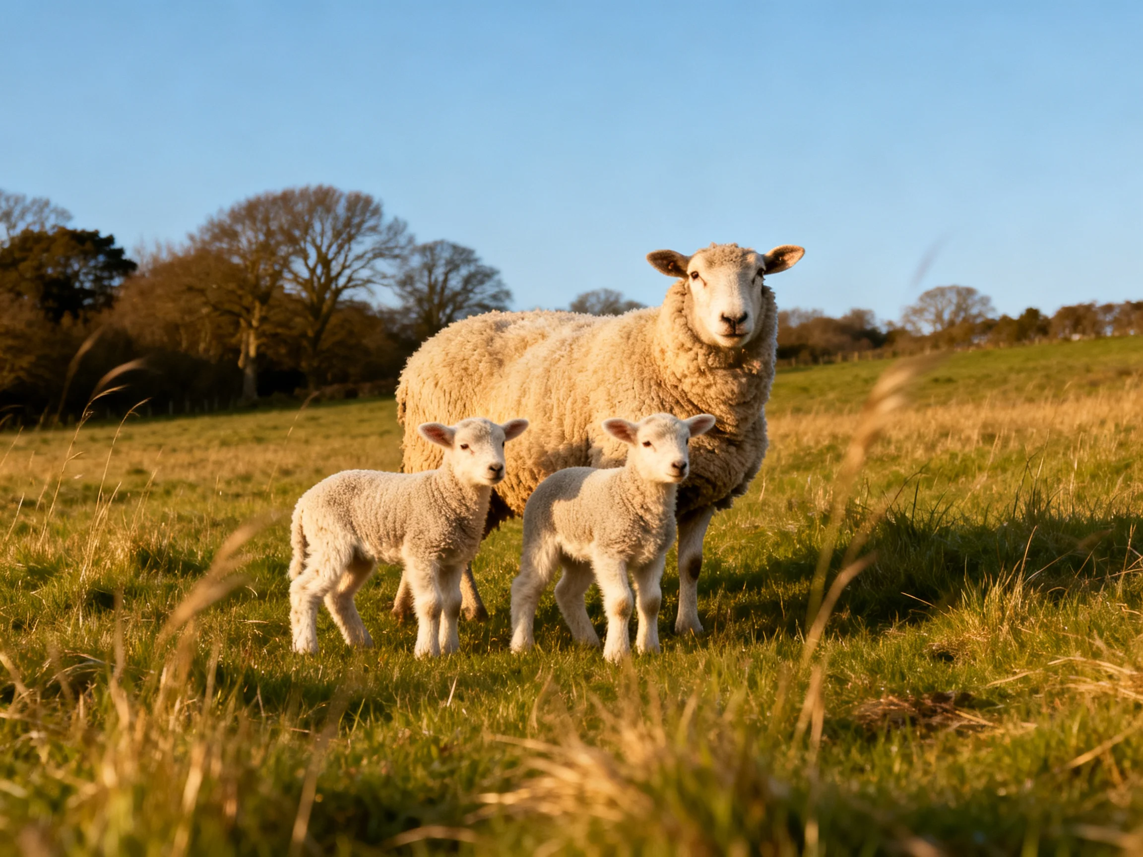 A sheep and two lambs in a sunlit grassy field