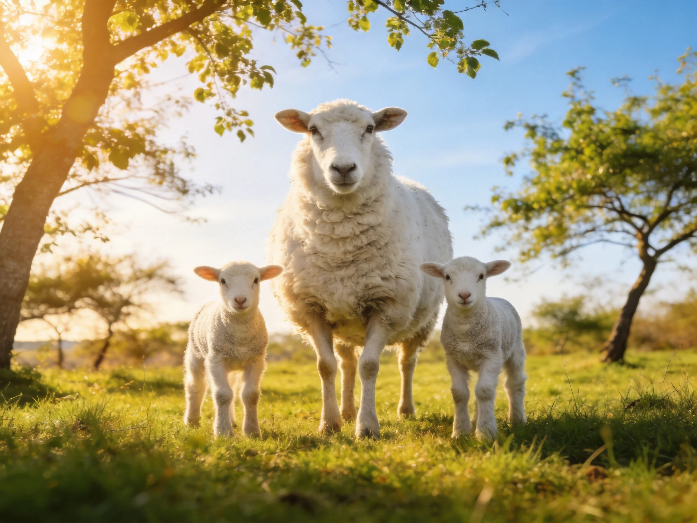A sheep and two lambs in a sunlit green meadow