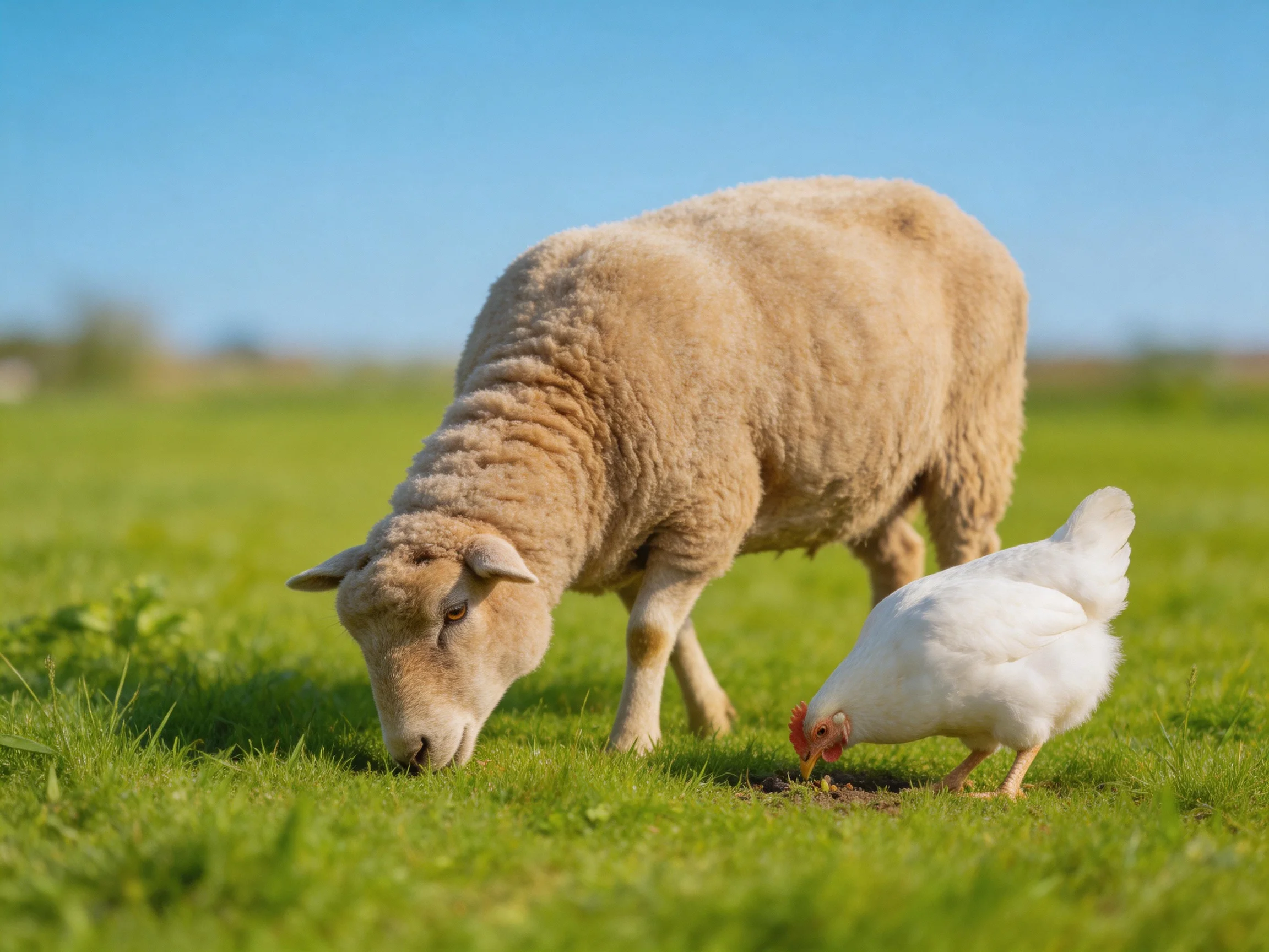 A sheep and white chicken graze in a lush green meadow