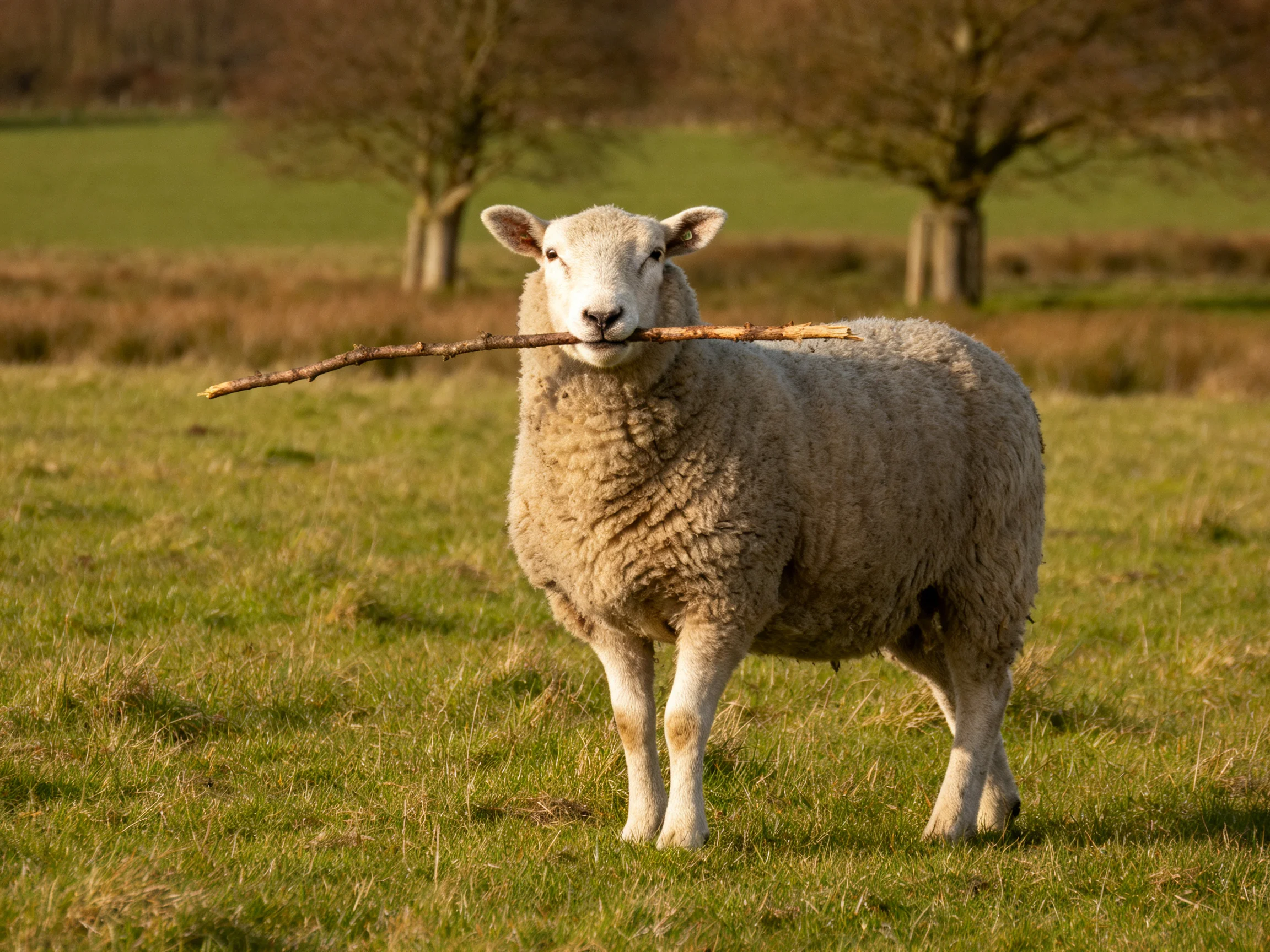 A sheep carrying a long brown branch in a green pasture