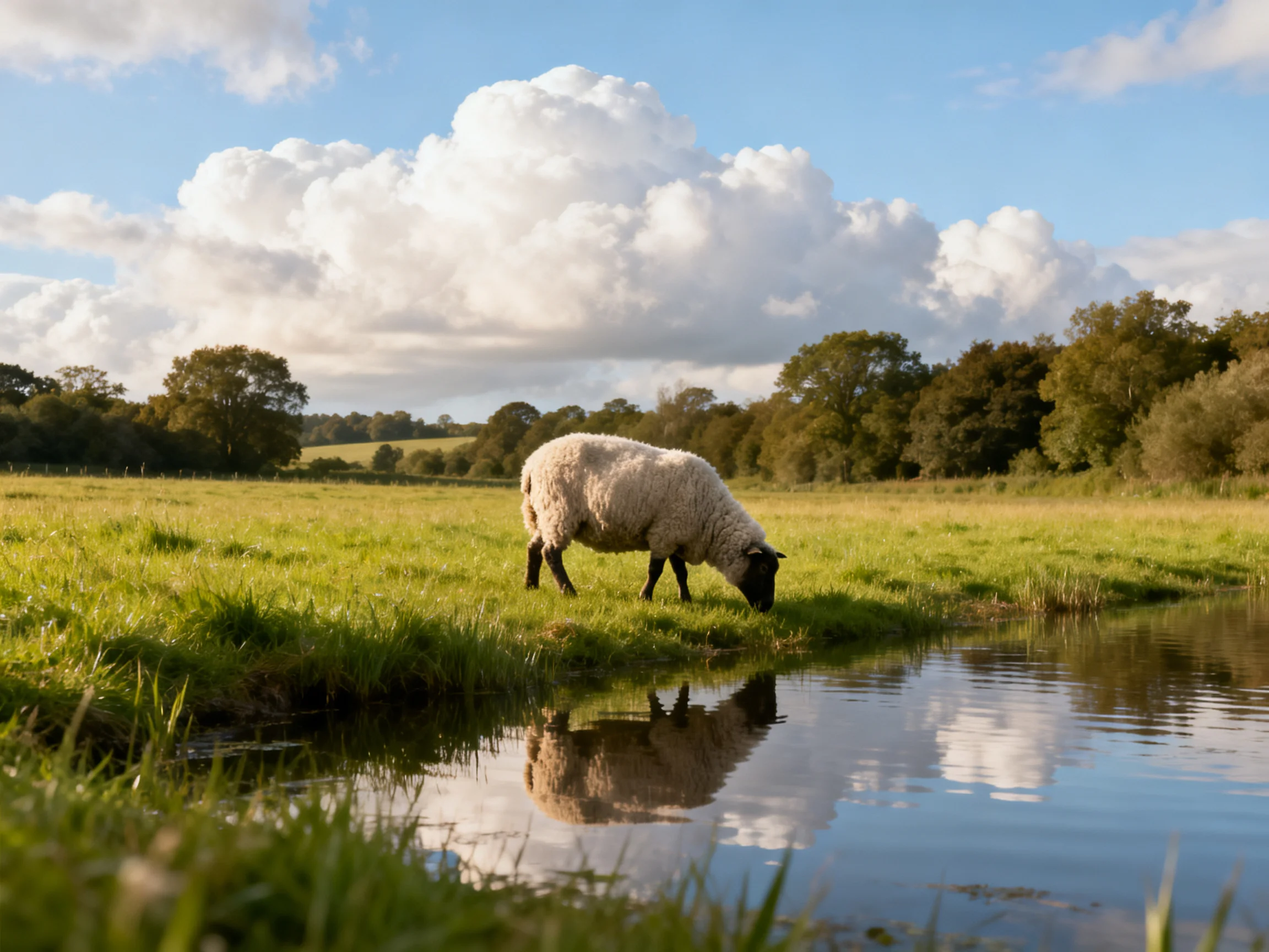 A sheep grazes by a calm stream in a verdant meadow
