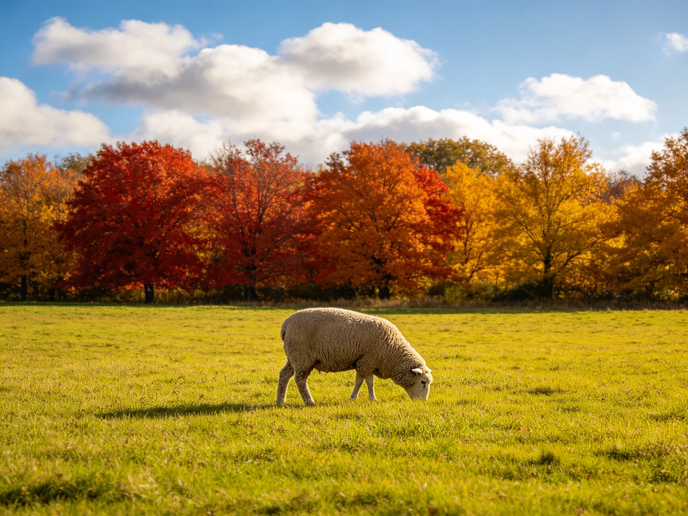 A sheep grazes in a golden meadow near vibrant fall foliage