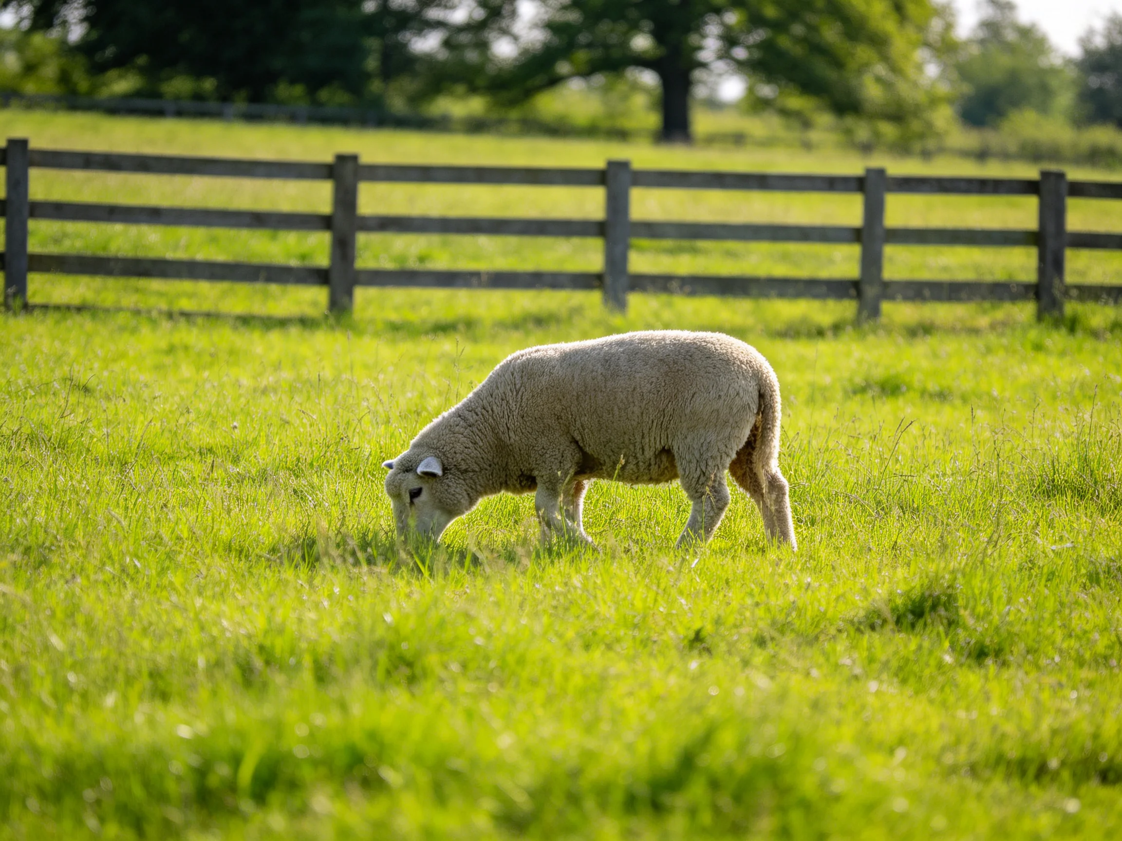 A sheep grazes in a lush green pasture near a wooden fence